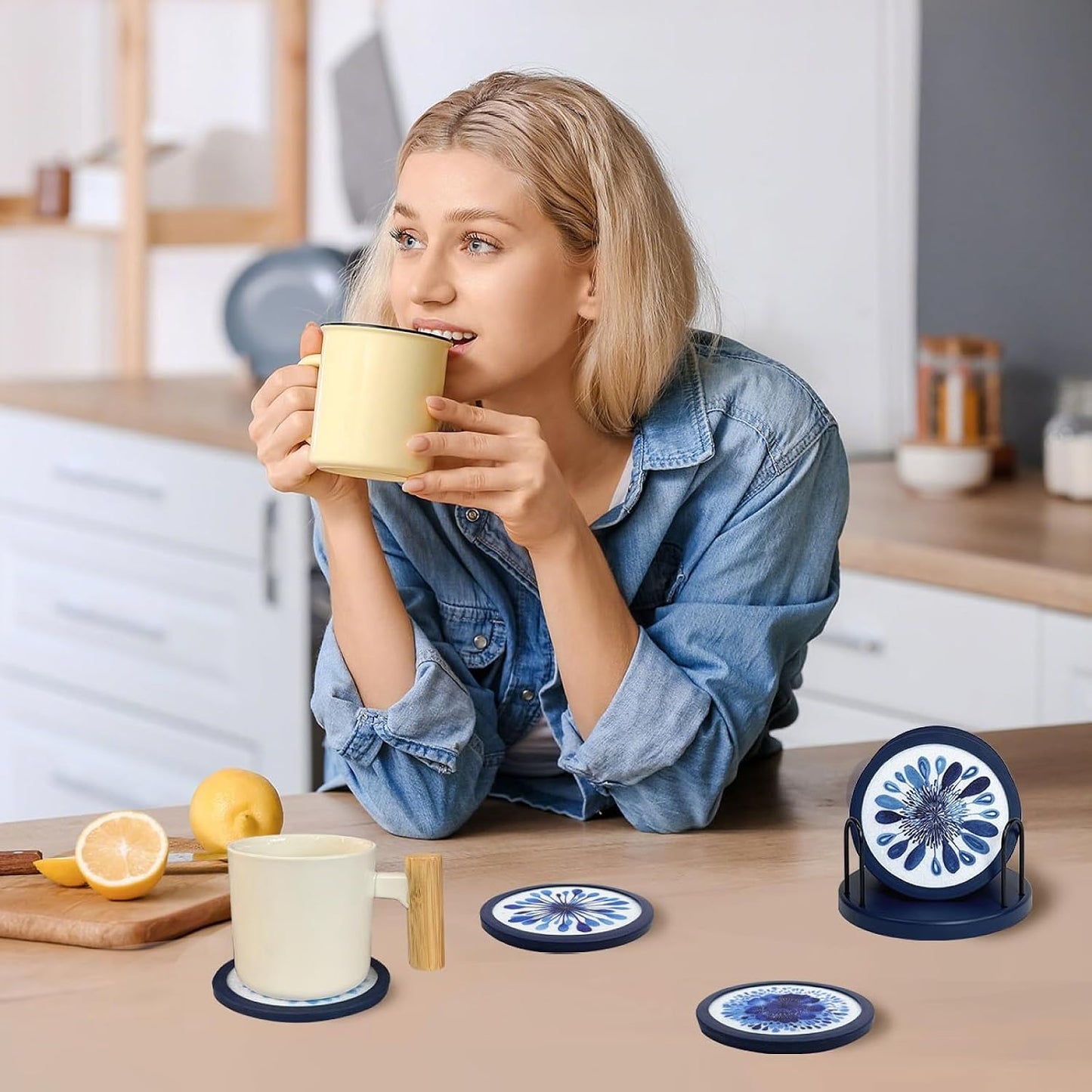 Indigo Floral Non-Slip Silicone Coasters / 6pc / Set of 4
