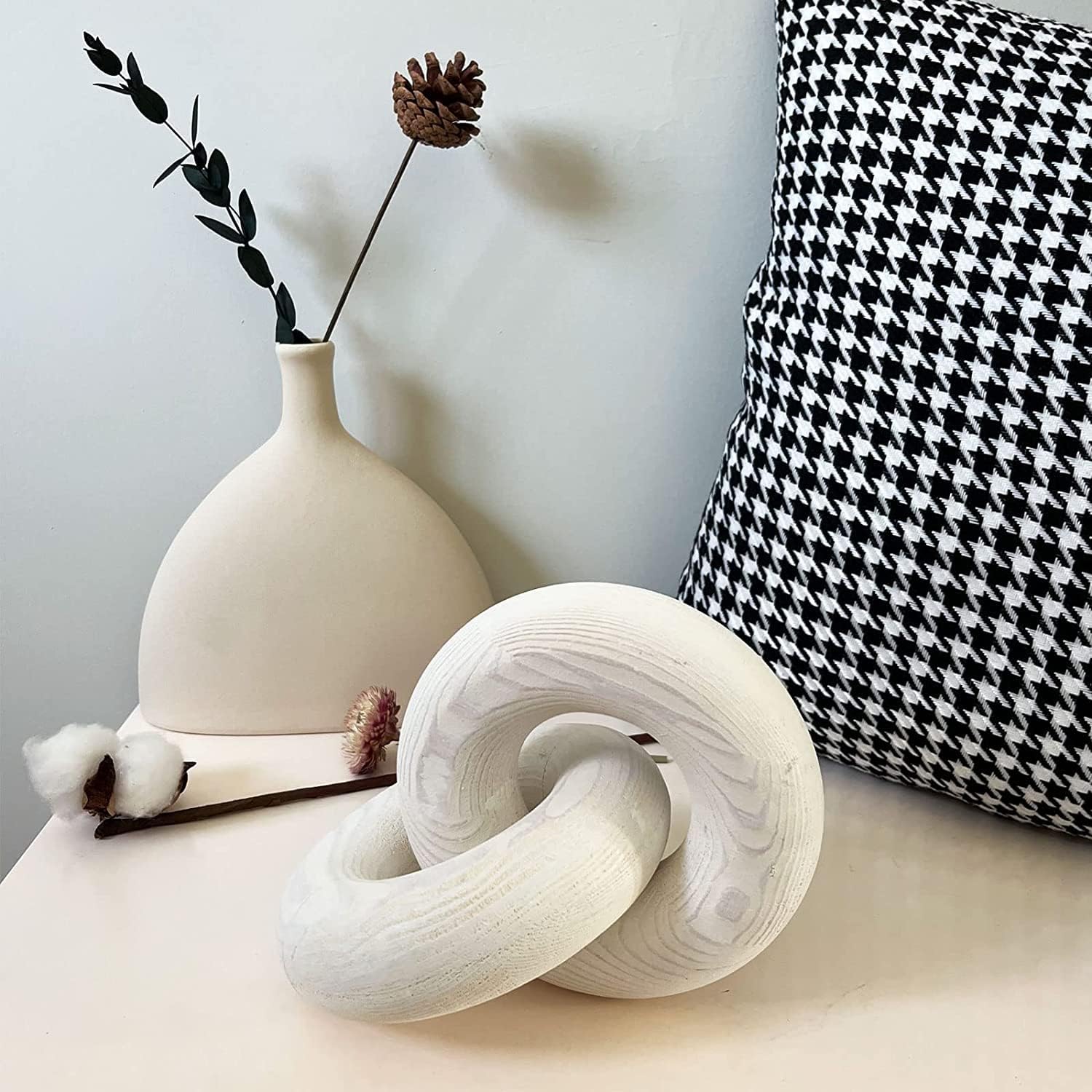 Hand Carved Pine Wood Boho Bead / White