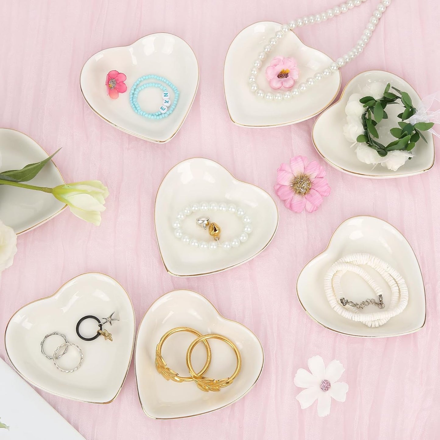 Ceramic Jewelry Tray Heart Jewelry Dish for Women / White Heart Shape / Set of 8