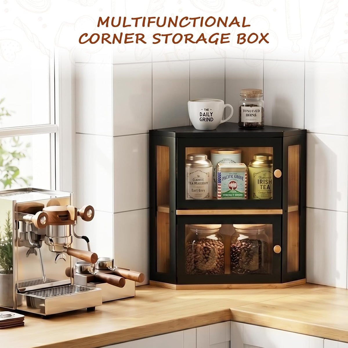 Black Corner Bread Box for Kitchen Countertop,Large Bread box | 2 Tier Bamboo Wood Corner Bread Box for Homemade Bread