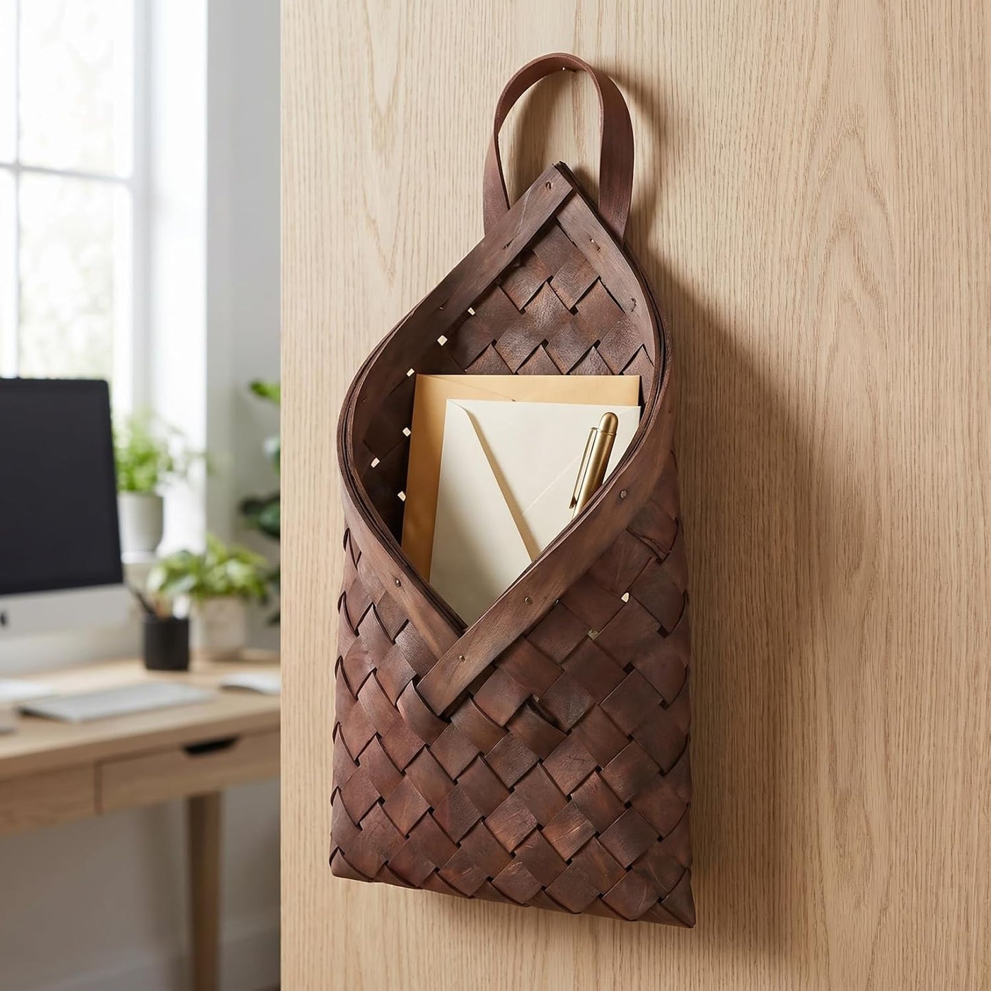 Rustic Wood Woven Hanging Basket In Wall Storage Organizer for Flowers Kitchen / 12.20 x 6.69 x 2.55