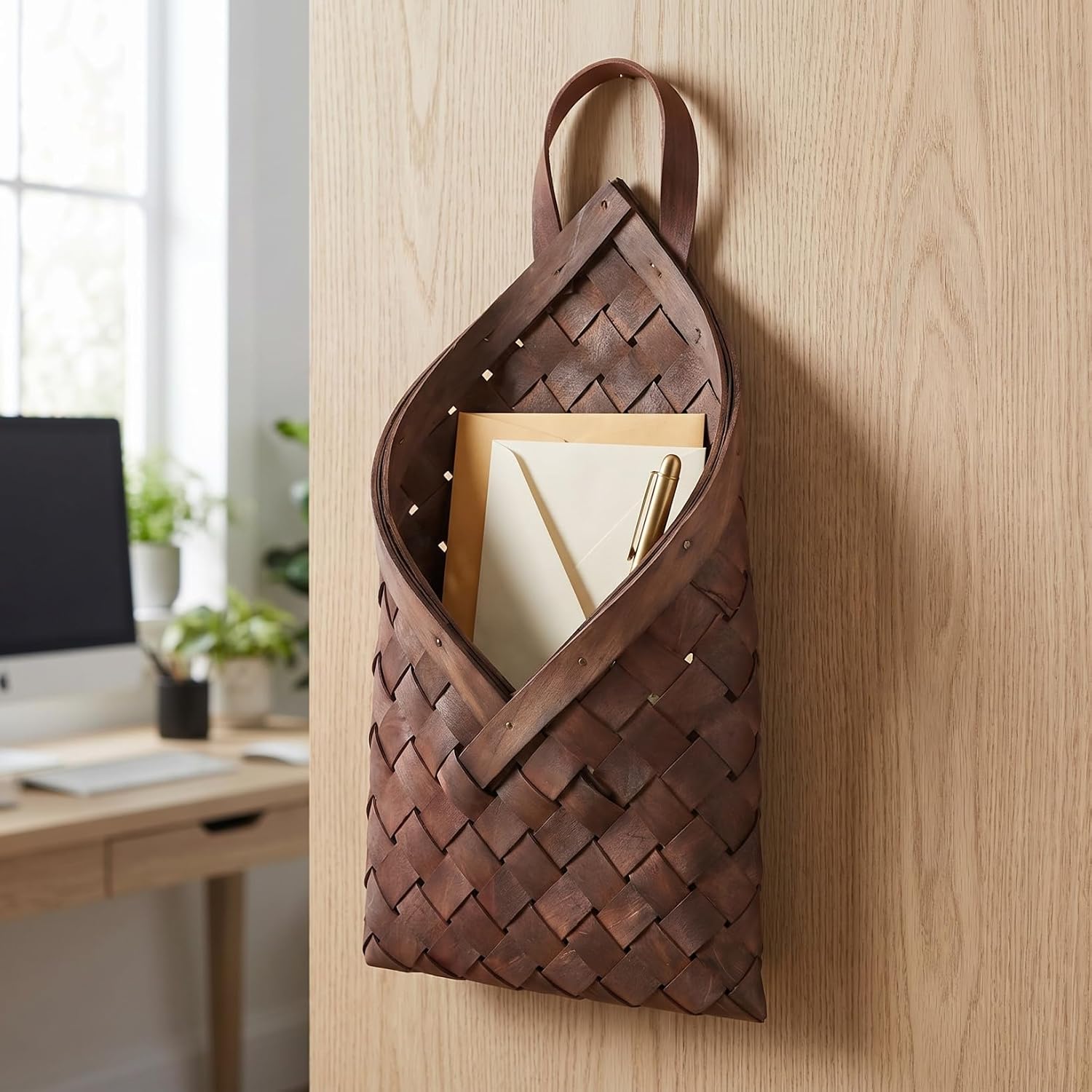 Rustic Wood Woven Hanging Basket In Wall Storage Organizer for Flowers Kitchen / 12.20 x 6.69 x 2.55