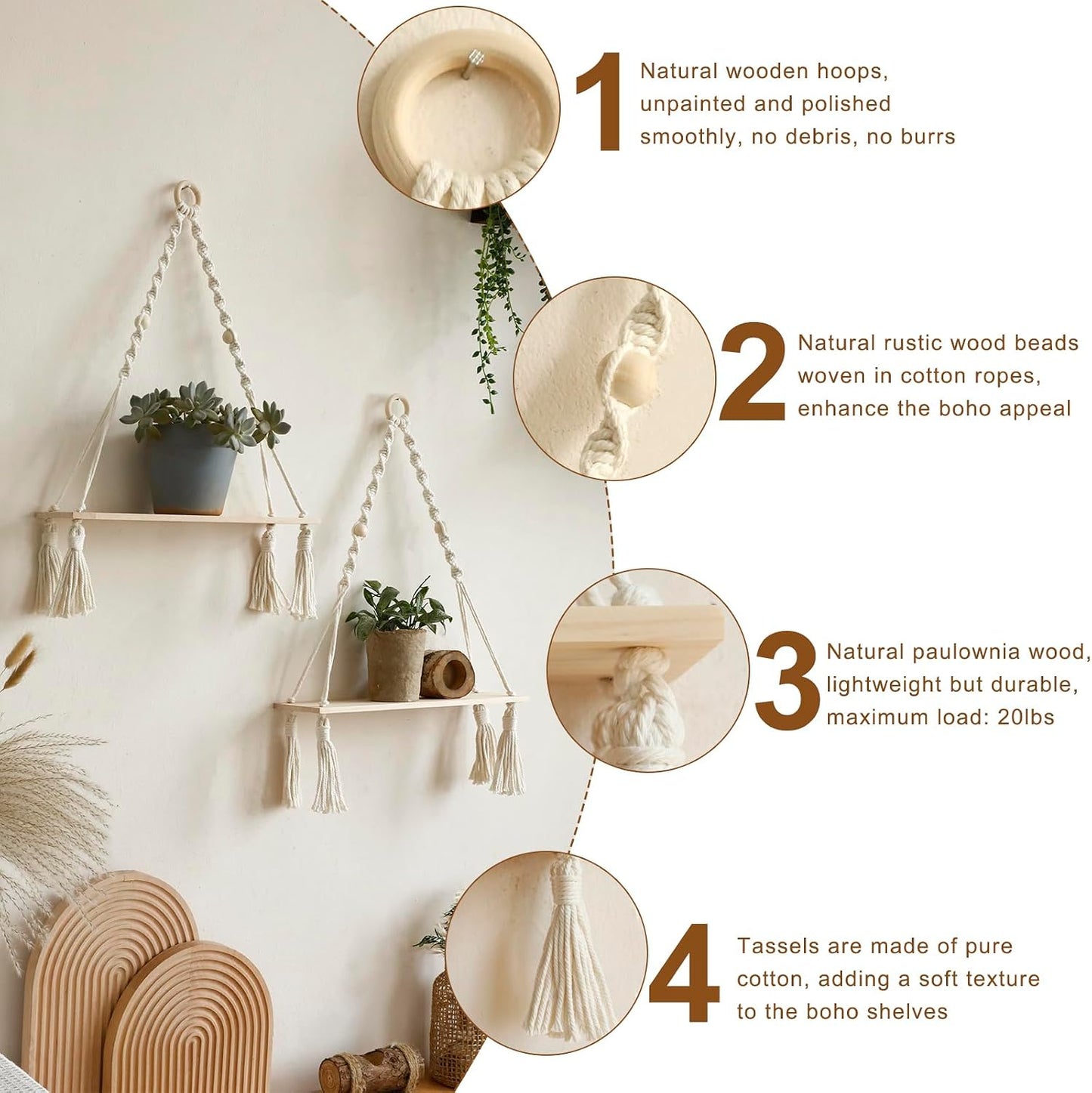 Wooden Wall Hanging Shelves / Beige Macrame / Set of 2