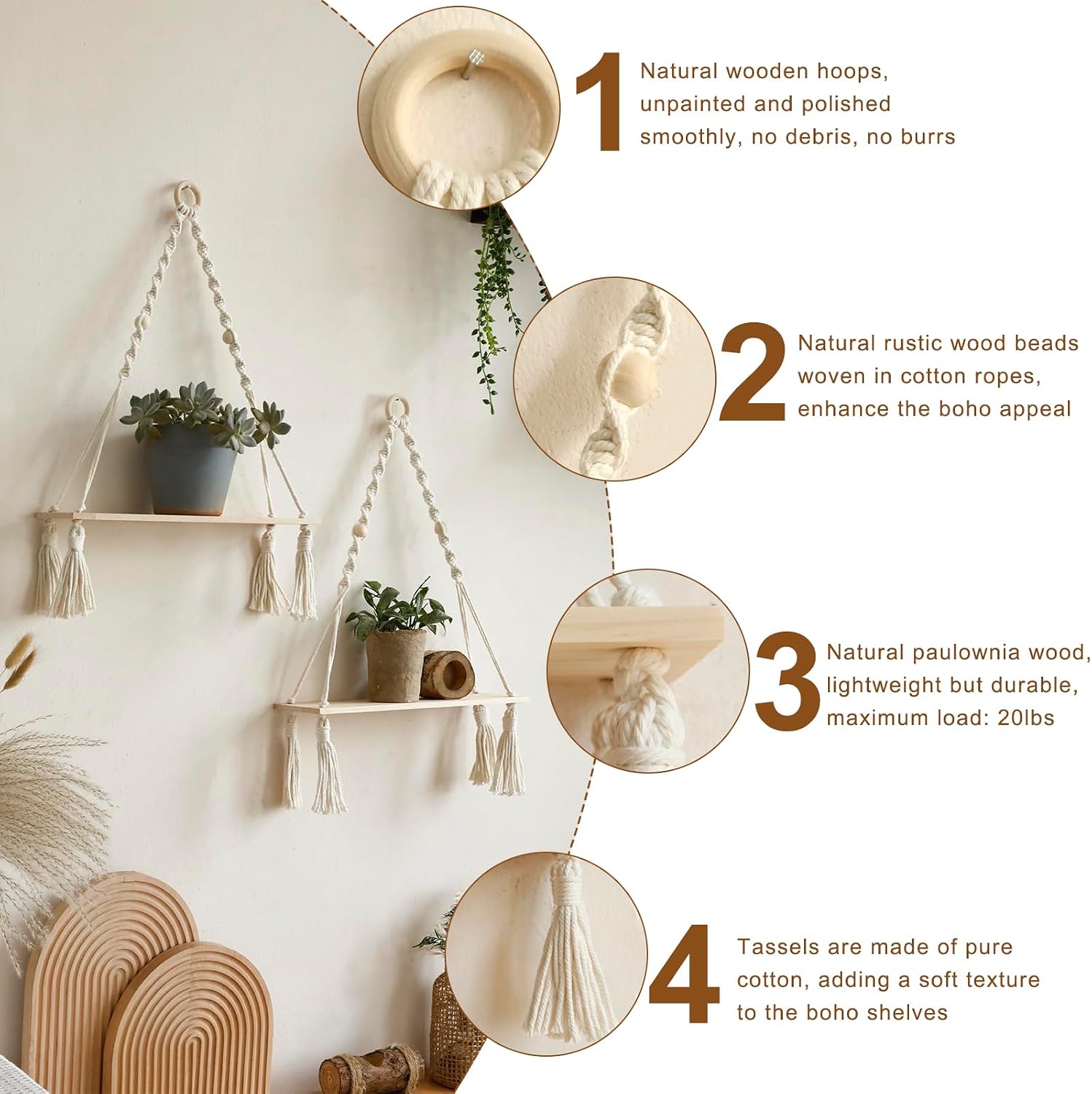Wooden Wall Hanging Shelves / Beige Macrame / Set of 2