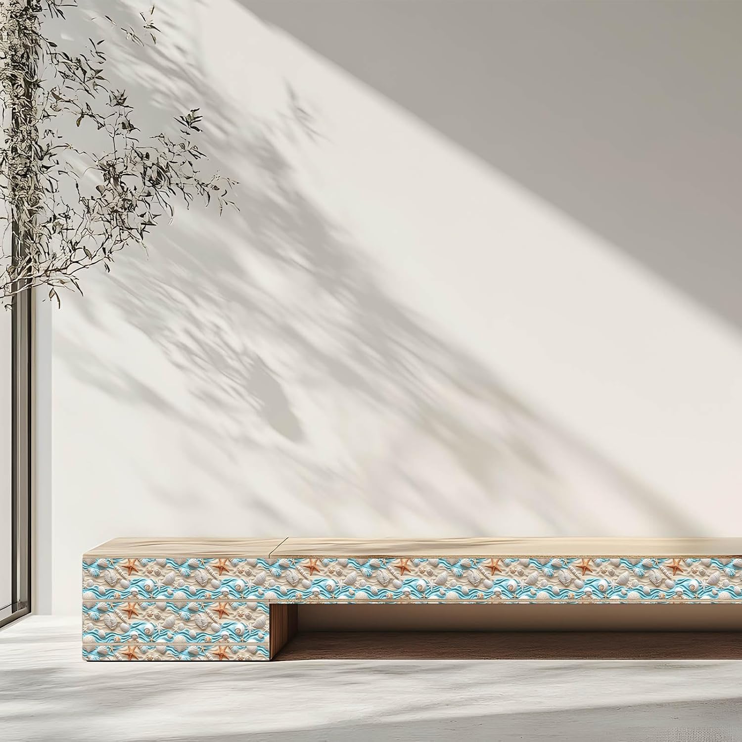 Gold Seashell Starfish Sand Peel and Stick Wallpaper Border Self / Seashells Sand / Blue / 4 x 196