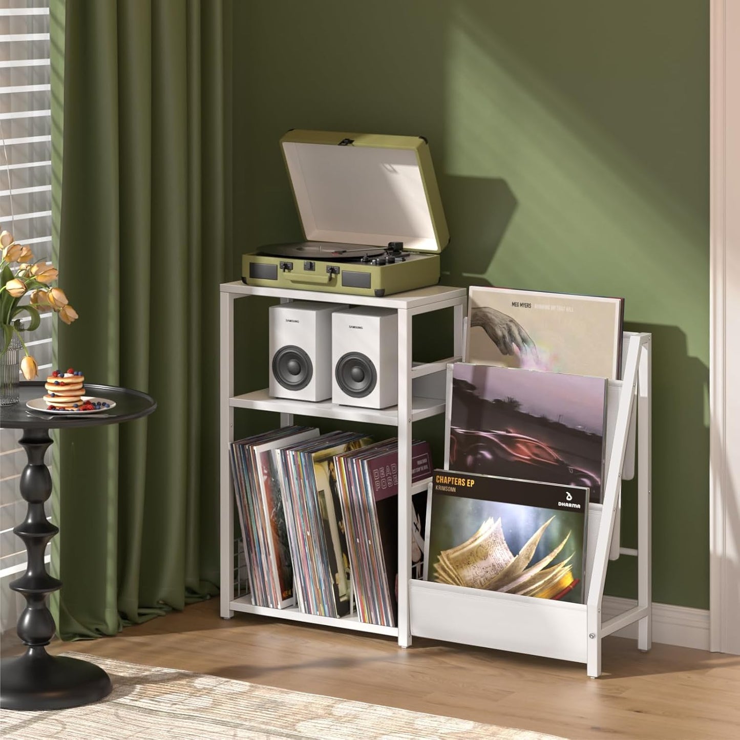 Record Player Table,Turntable Shelf with Vinyl Storage Up to 150 Albums,White Side Table with 3 Tier Magazine