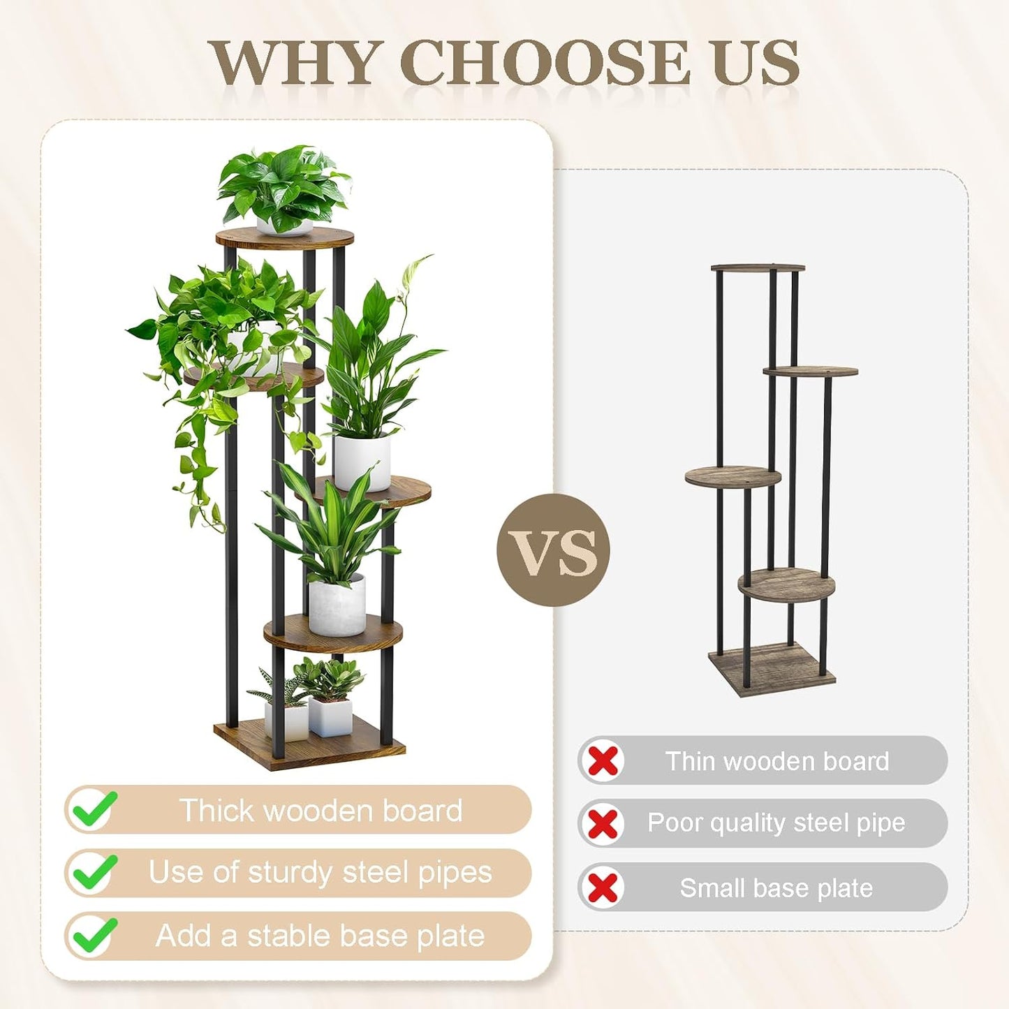 5 Tier Plant Stand Indoor, Metal Wooden Tall Plant Shelf Flower Pot Stand for Multiple Plants, Corner Flower Holder