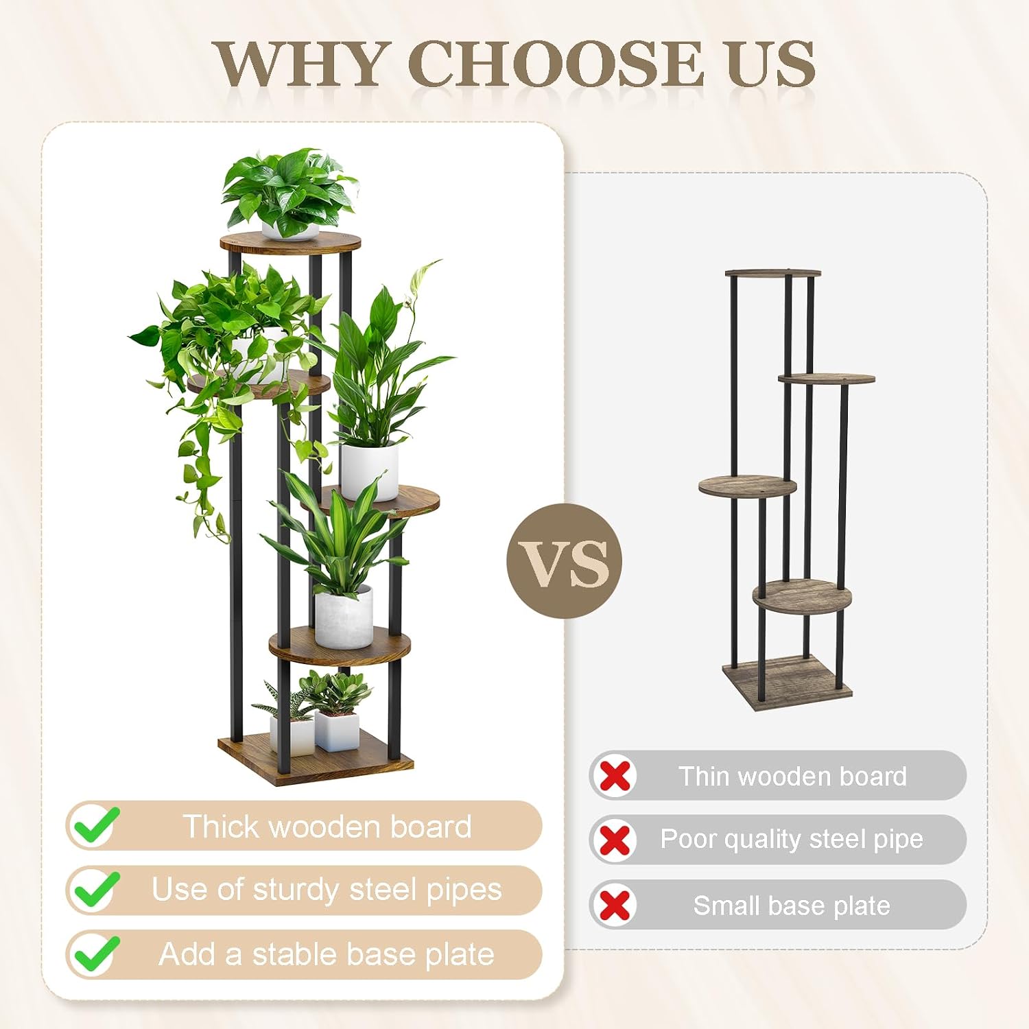 5 Tier Plant Stand Indoor, Metal Wooden Tall Plant Shelf Flower Pot Stand for Multiple Plants, Corner Flower Holder