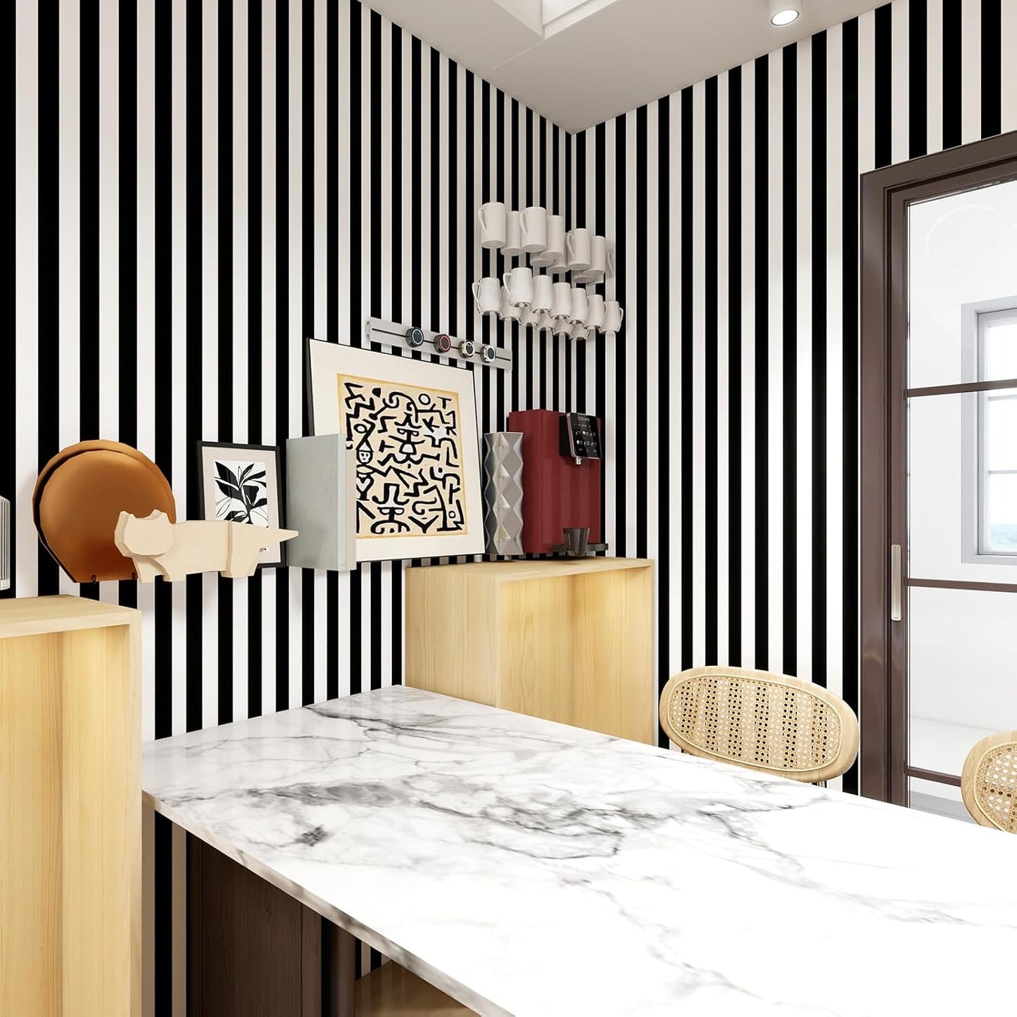 White Striped Wallpaper " Removable Striped Peel and Stick Wallpaper Waterproof / Black / 17.3 x 120