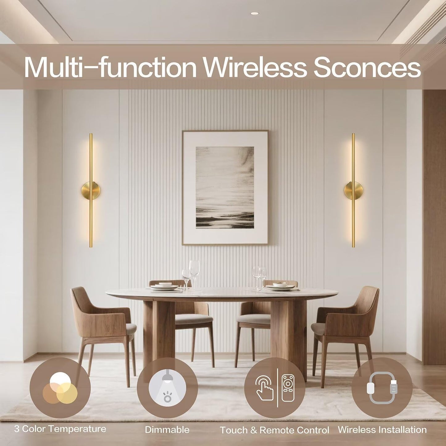 Rechargeable Wall Sconce Set of Two, Modern Wireless Brass Wall Light Sconce with Remote, 28.35Inch Dimmable Indoor