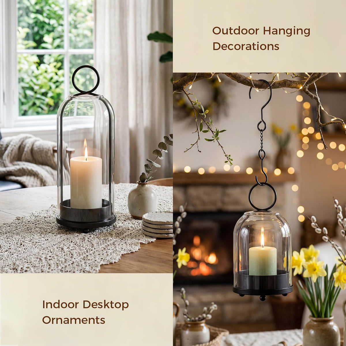 5"&4" Hurricane Glass Candle Holders, Hanging Black Metal Candle Holder | Glass Candlestick Holders for Pillar Candles