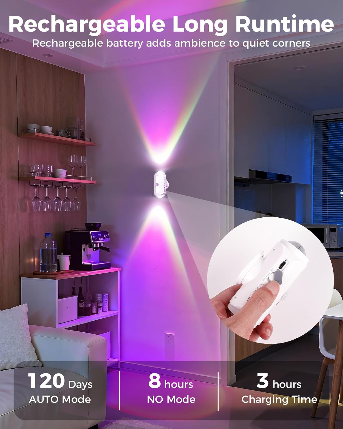 Motion Sensor Wall Light, Rechargeable Peel and Stick on Sconce Set of 2 | Wireless No Drill RGB Wall Lamps, Magnetic