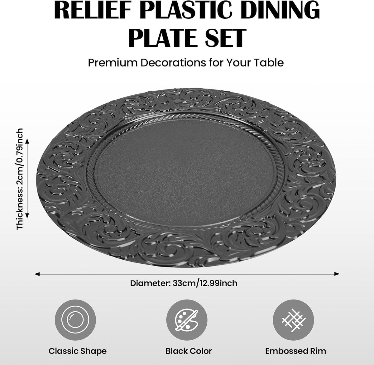 Black Charger Plates Bulk 100 Pack 13 Inch Charger Plates | Plastic Embossed Dinner Plates Reusable Round Plates for