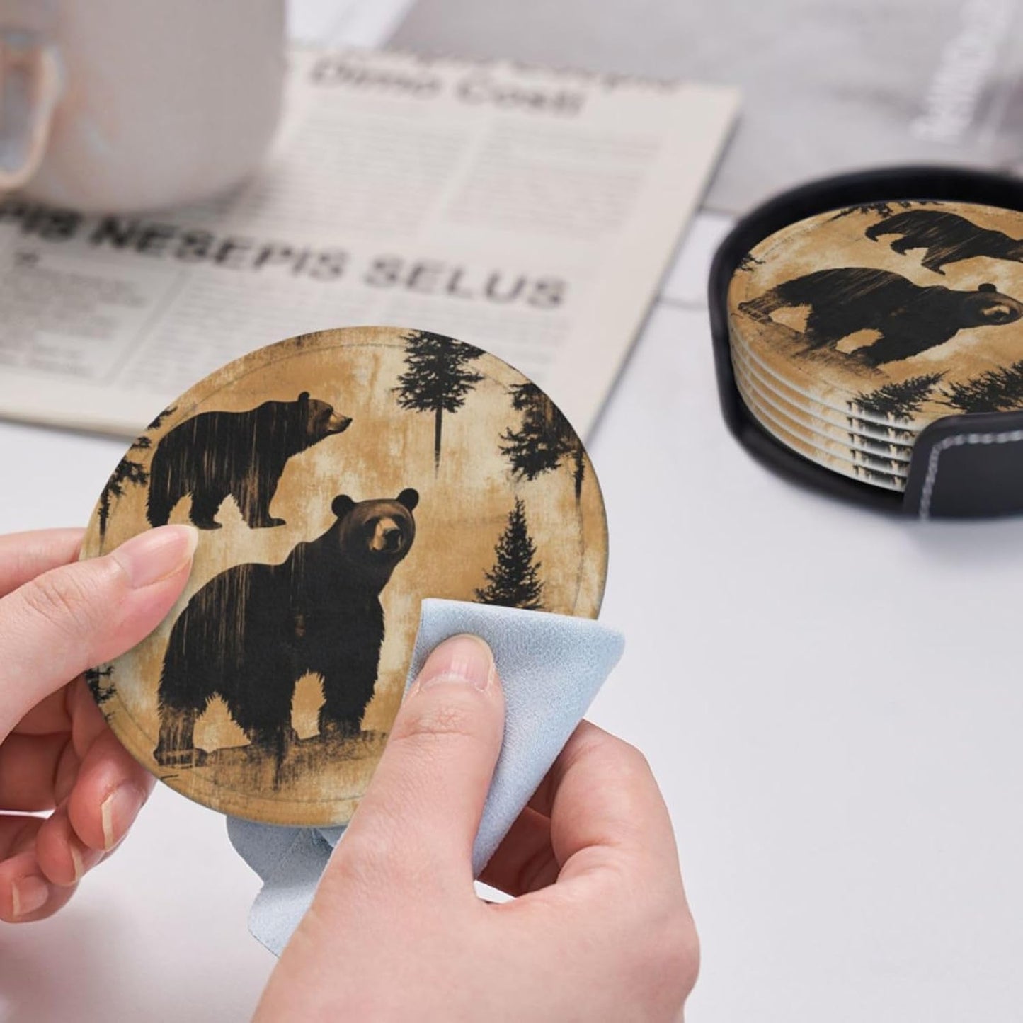 Holder Coaster Sets Drink Table Cup Coasters / Black Bear Trees / Set of 6