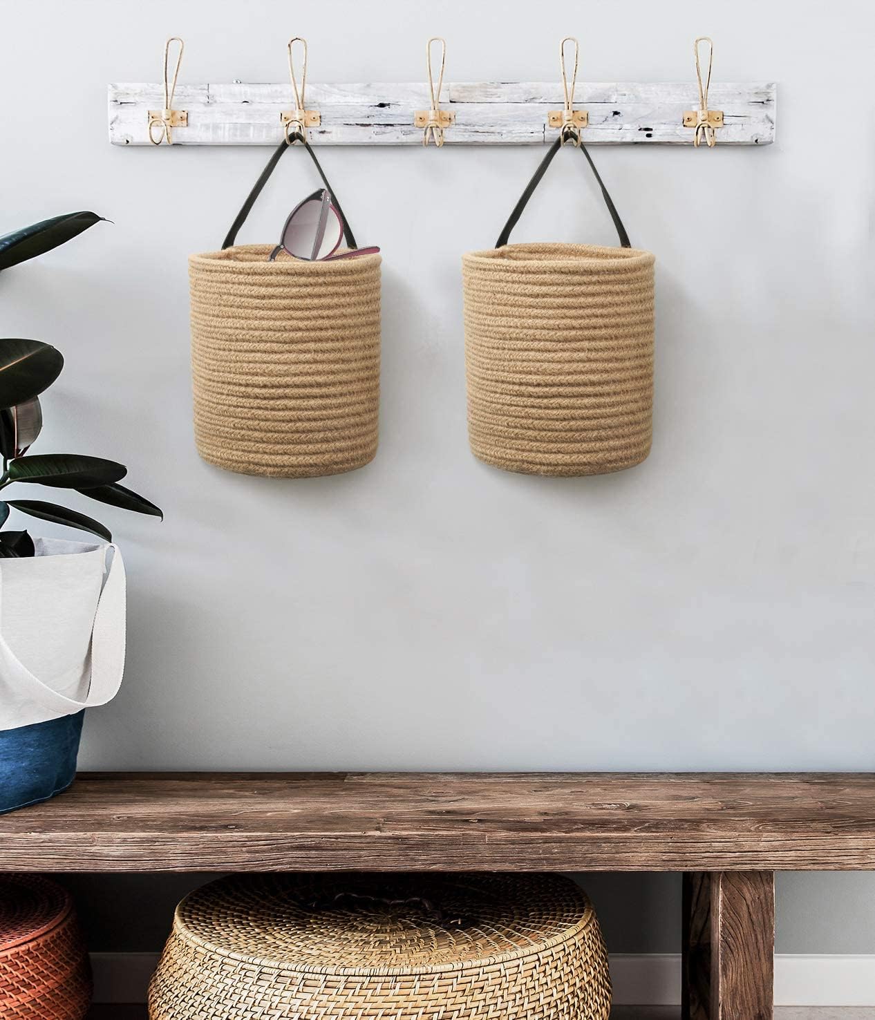 Small Woven Fern Hanging Rope Basket Flower Plants Wall Basket Decor Set Boho / Jute / Set of 2