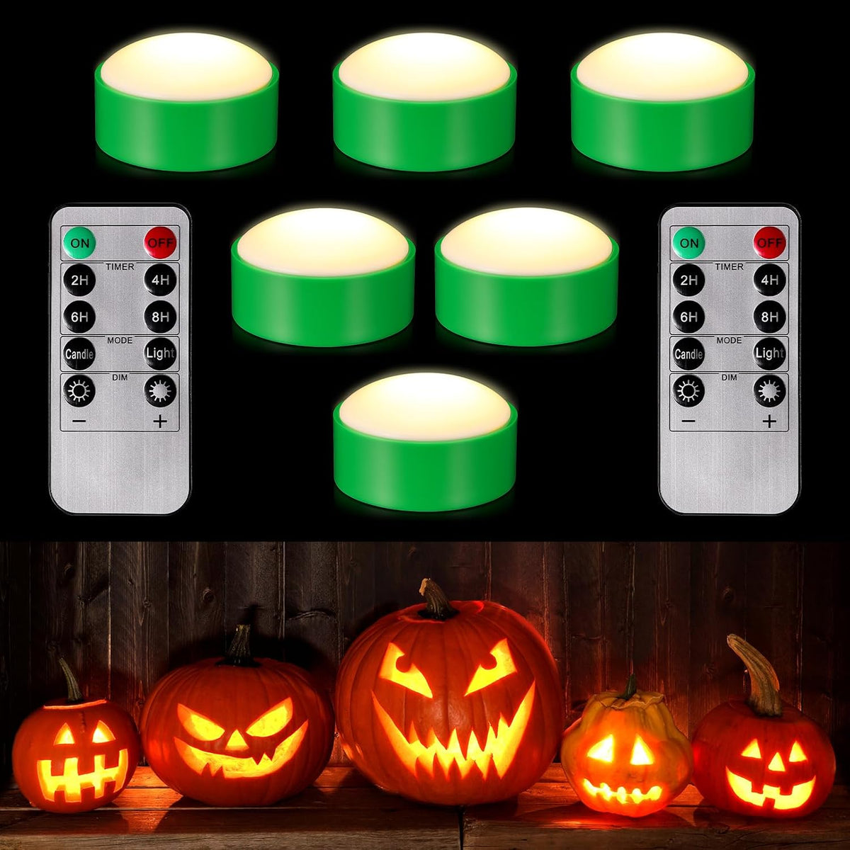 Riakrum 6 Pack Halloween Pumpkin LED Lights, Green,Warm Light