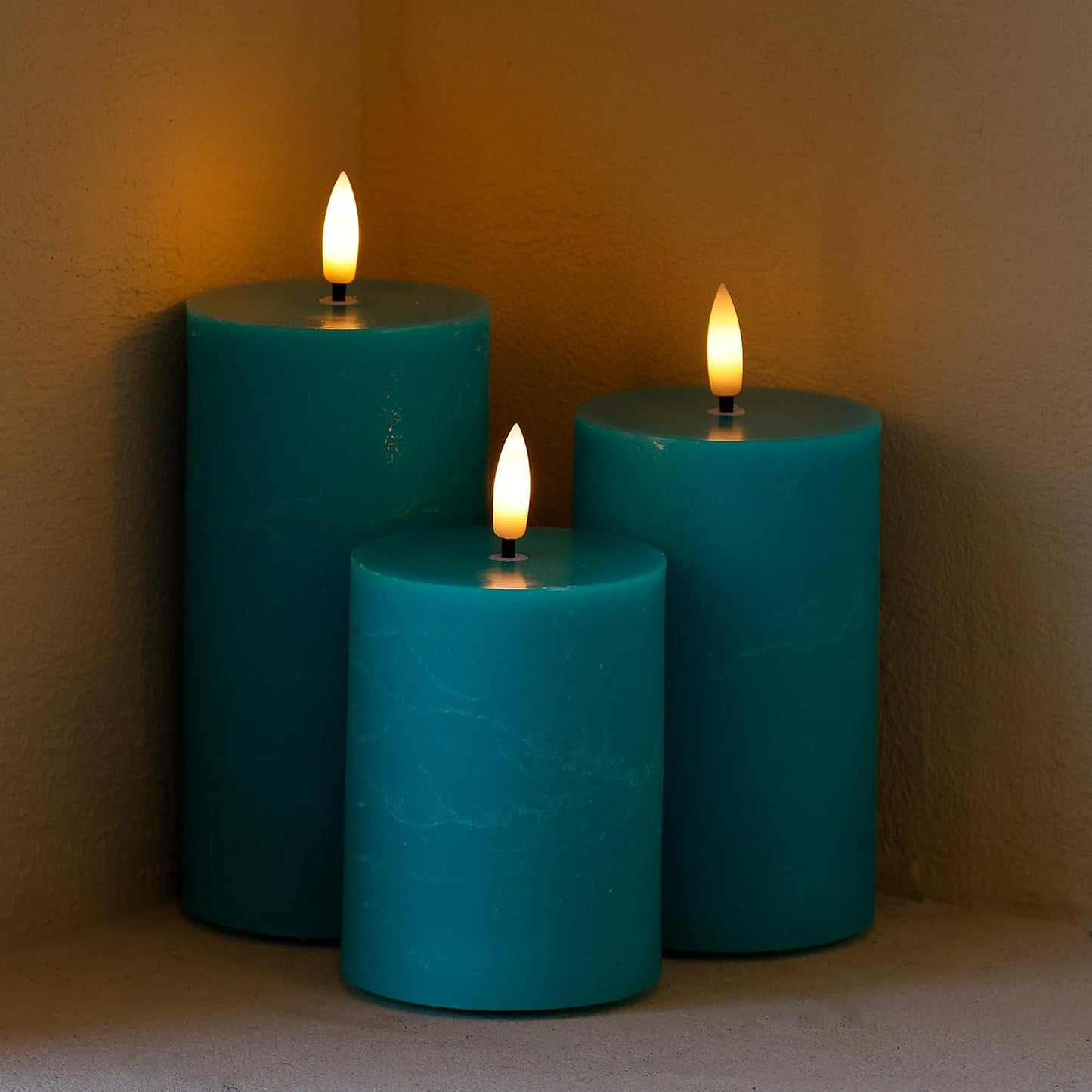 Teal Flameless Candles, Wax Battery Operated Candles with Remote | Flat Top Flickering LED Pillar Candles for Home