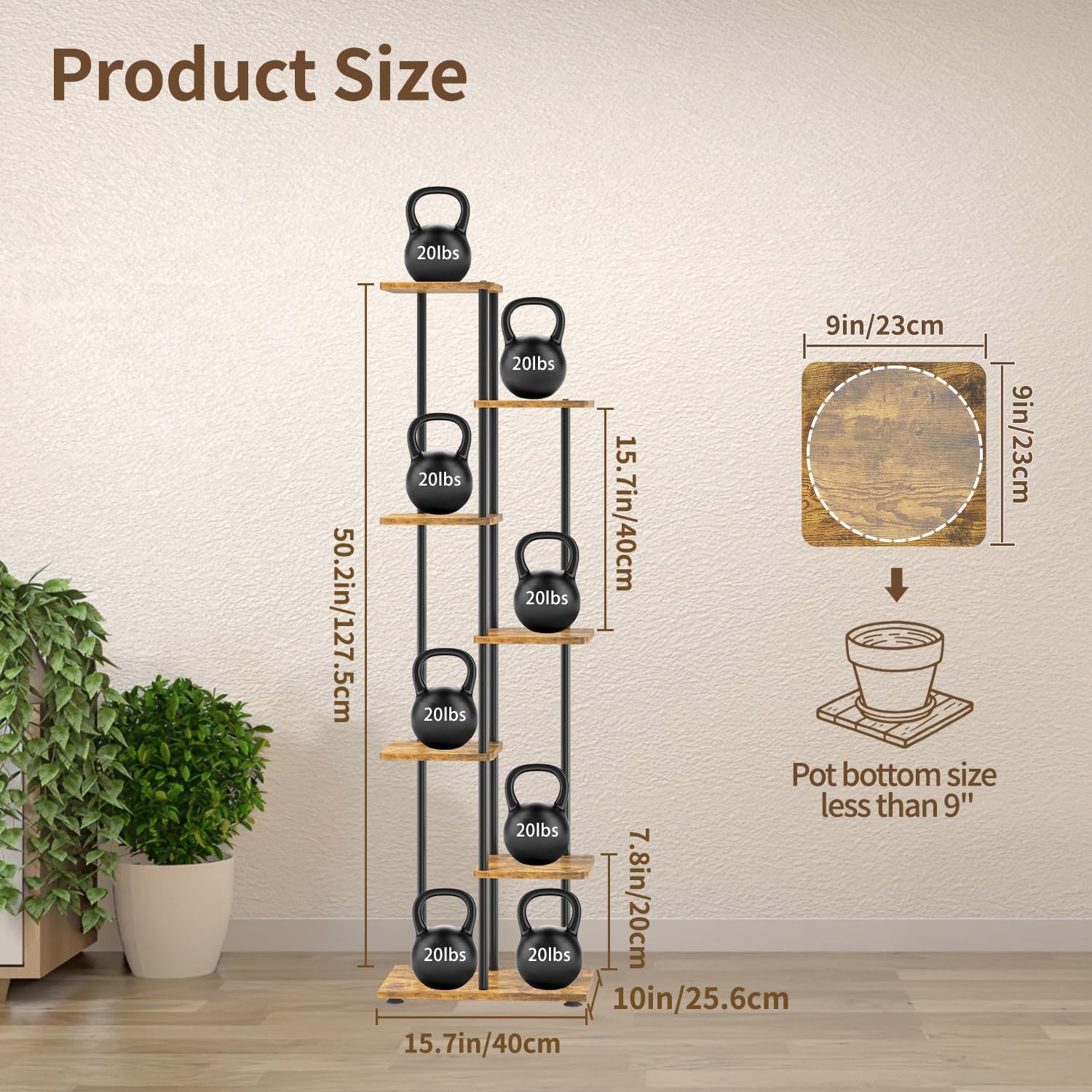 LASZOLA Plant Stand Shelf Tall for Indoor Corner, 6 Tier Wood Brown | Heavy Duty Multi Level Vertical Flower Rack for