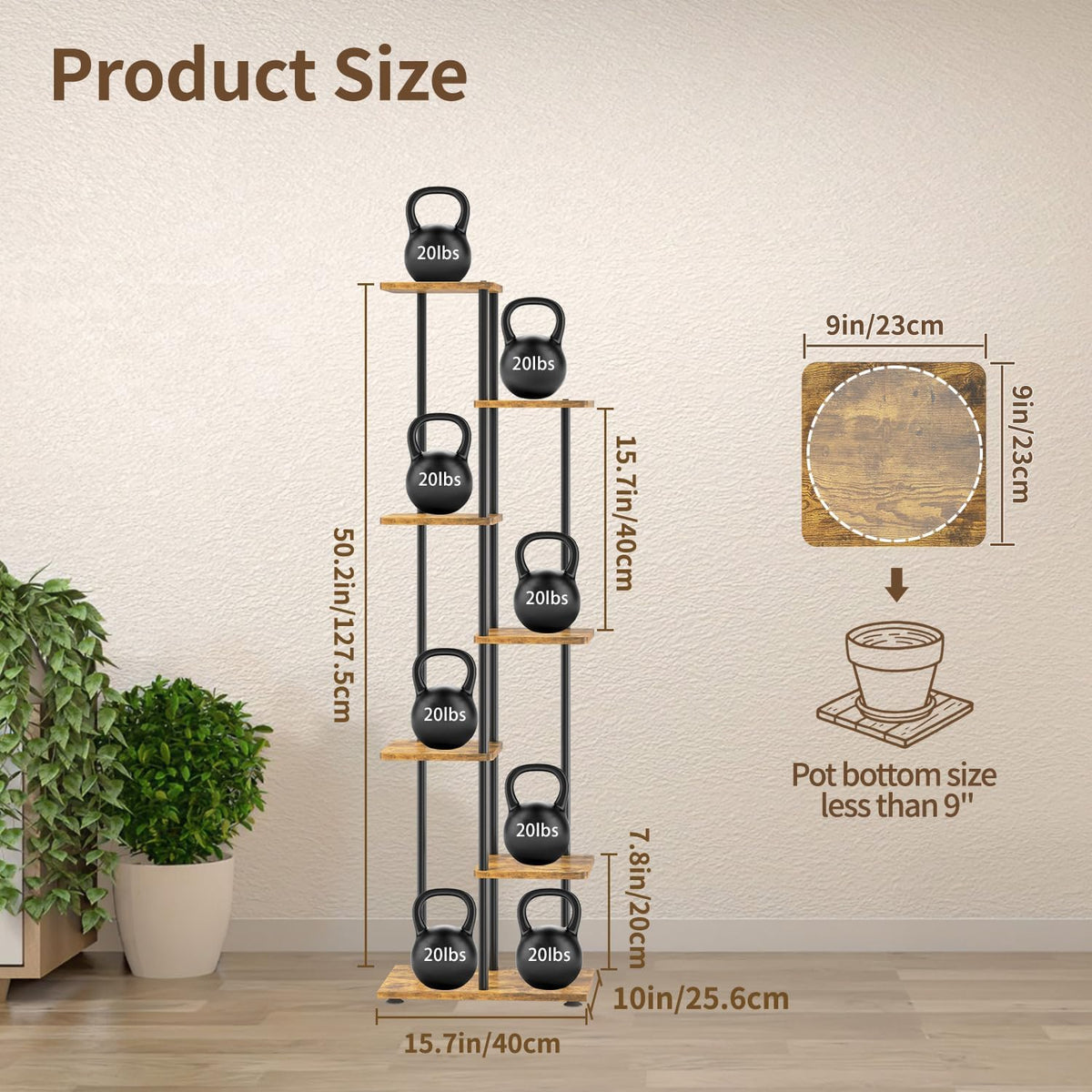 LASZOLA Plant Stand Tall for Indoor Corner with Light, 6 Tier Wood Brown | Heavy Duty Multi Level Vertical Flower Shelf