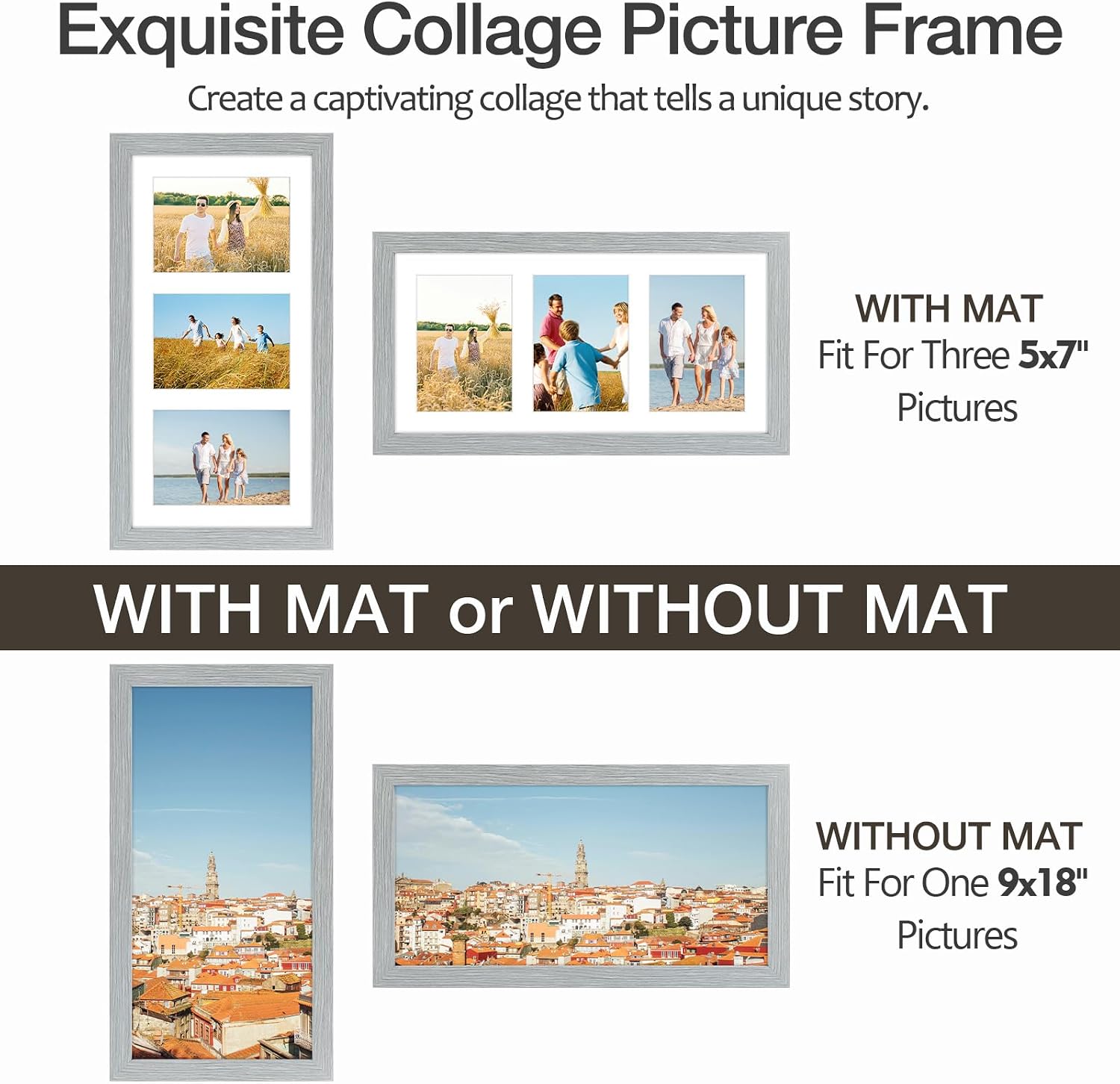 Golden State Art 9x18 Grey Wood Frame - for Three 5x7 Pictures, 3 Pack | Matted to 3 5x7 Picture,Solid Wood Collage