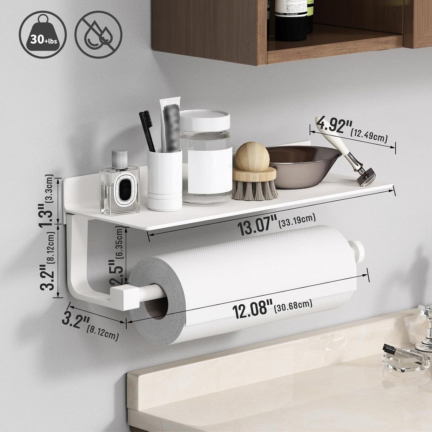White Paper Towel Holder with Shelf Wall Mount, Adhesive Hand Towel Holder for Bathroom, Kitchen Towel Holder