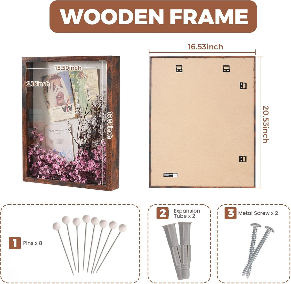 Muzilife 16x20 Shadow Box Picture Frame, 2.16 Deep, Real Glass, Honey Brown | FSC-Wood, Magnetic Door, Linen Interior &