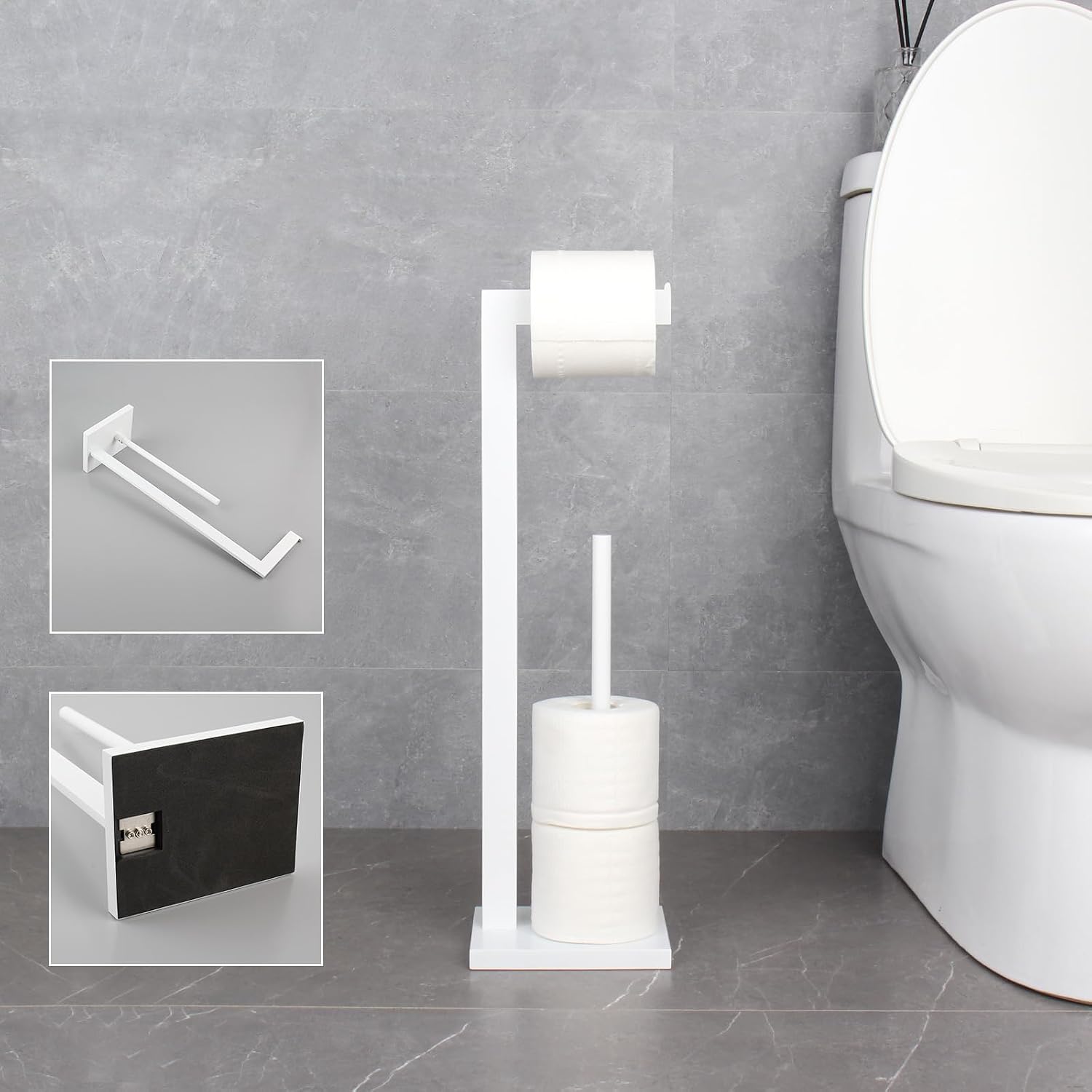 GERZWY SUS 304 Stainless Steel Toilet Paper Stand with Reserve, Free Standing Toilet Paper Holder, White