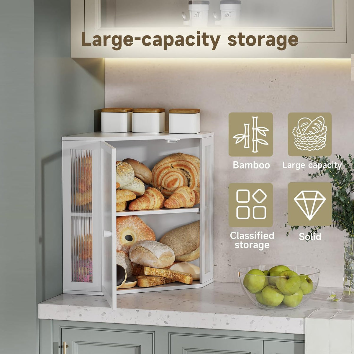 Corner Bread Box for Kitchen Countertop,Bread Storage (White, Extra Large) | Double Layer Large Capacity Bamboo Bread