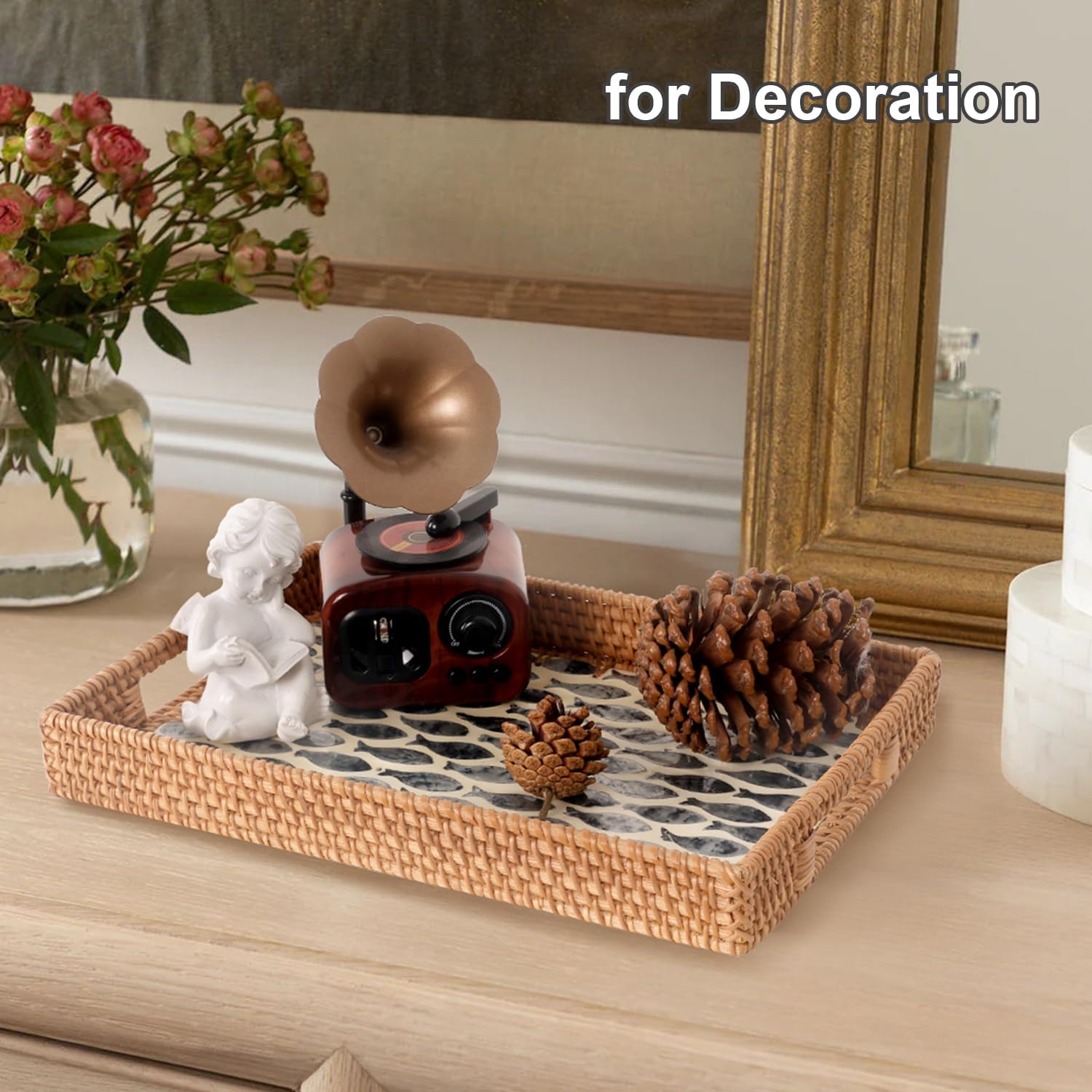 Rattan Serving Tray / Dark Blue Fish