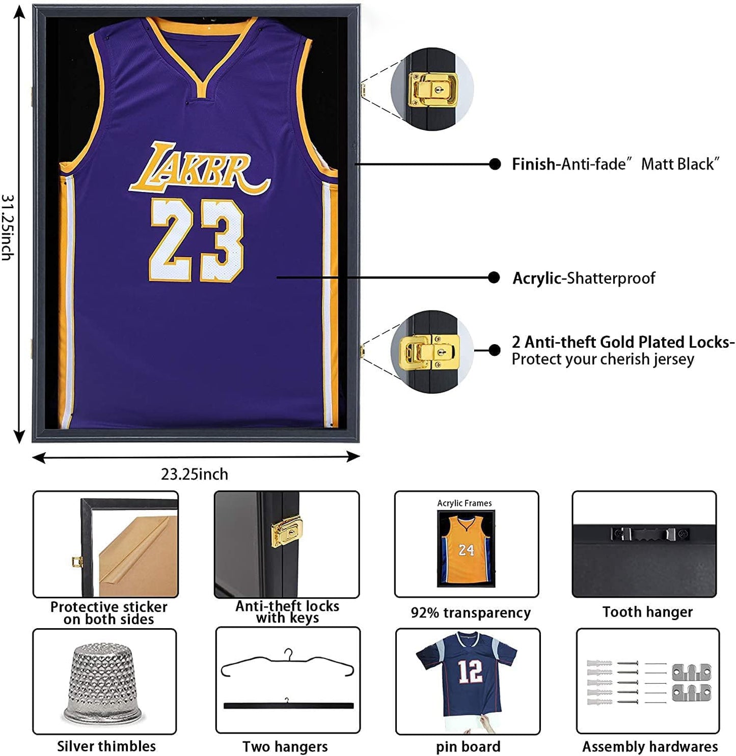 Jersey Frame Display Case, Large Lockable Shadow Box Sports Jersey Frame with UV Protection Acrylic and 2 Hanger for