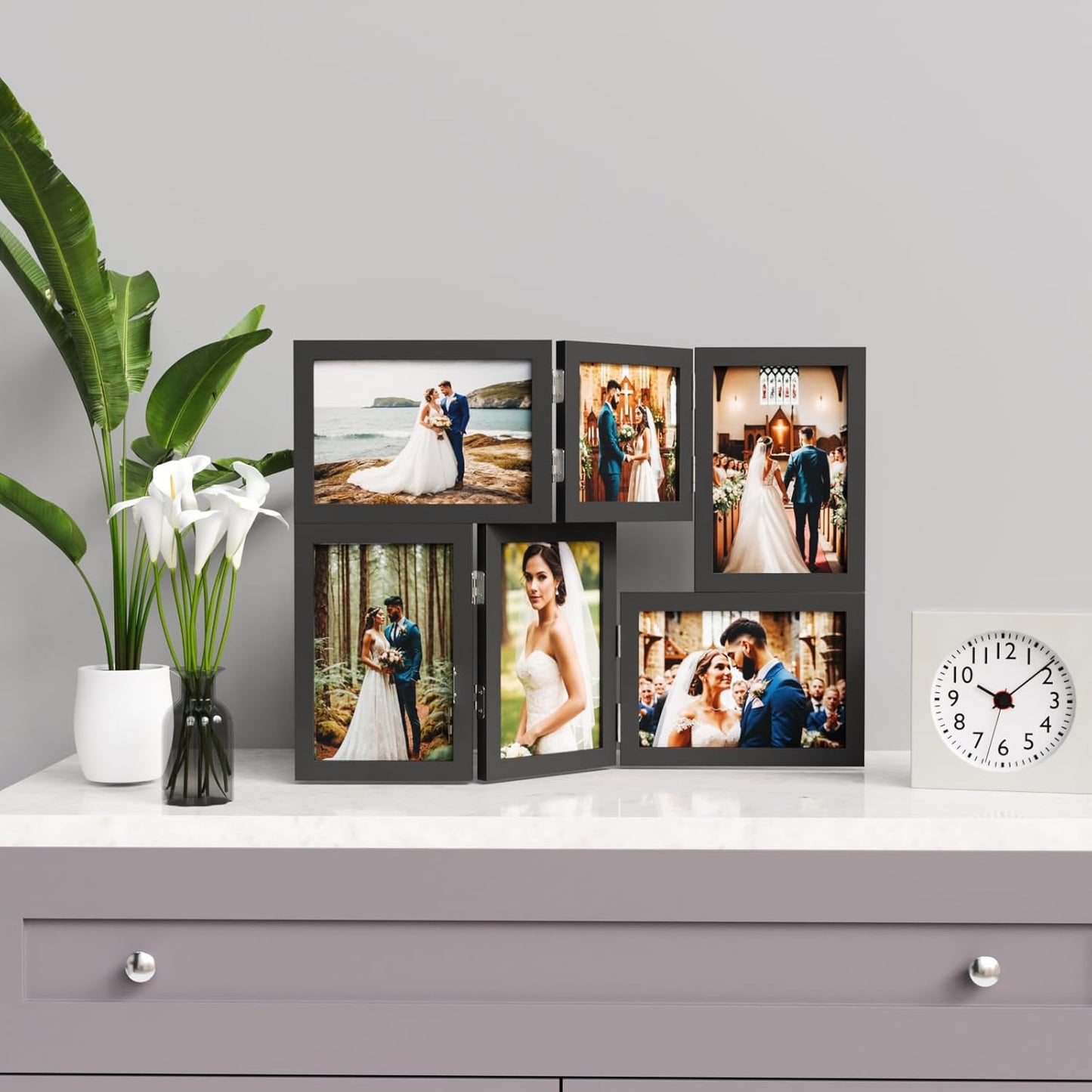 Rustic Wood Desk Family Photo Collage Stand / 6 Holes Black Photo Frame / 4 x 6