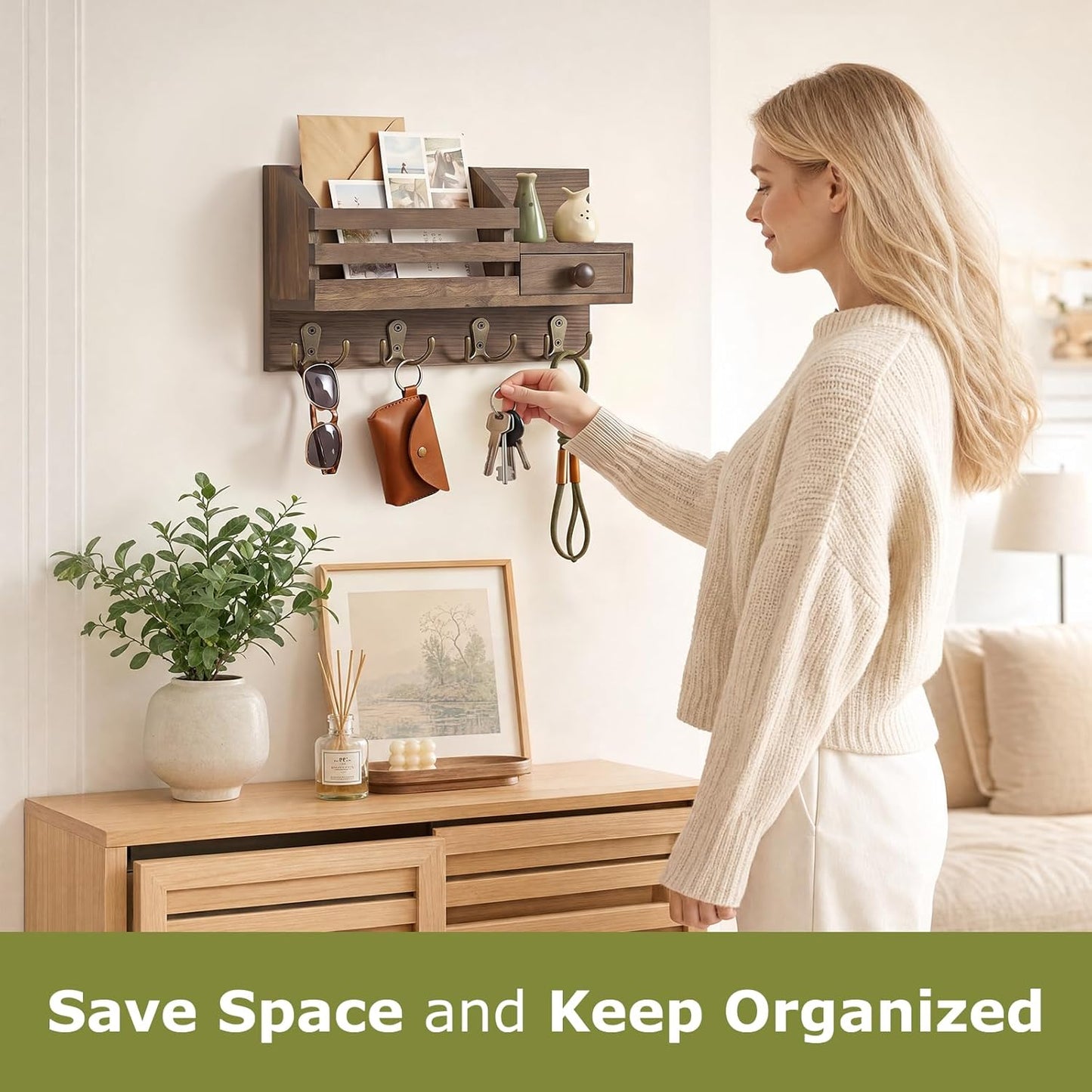 Wooden Adhesive Mail and Key Organizer / Brown