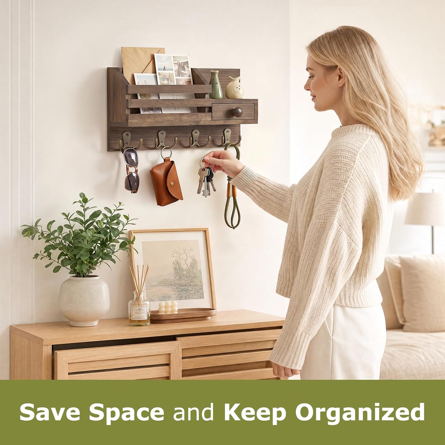 Wooden Adhesive Mail and Key Organizer / Brown