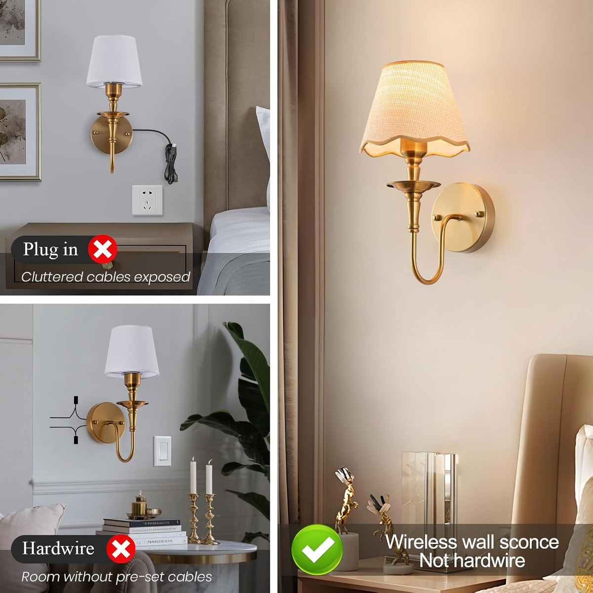 Battery Operated Wall Sconces Set of 2, Rattan Shade Wireless Wall Sconces, RGB Rechargeable Dimmable, Brass-Color