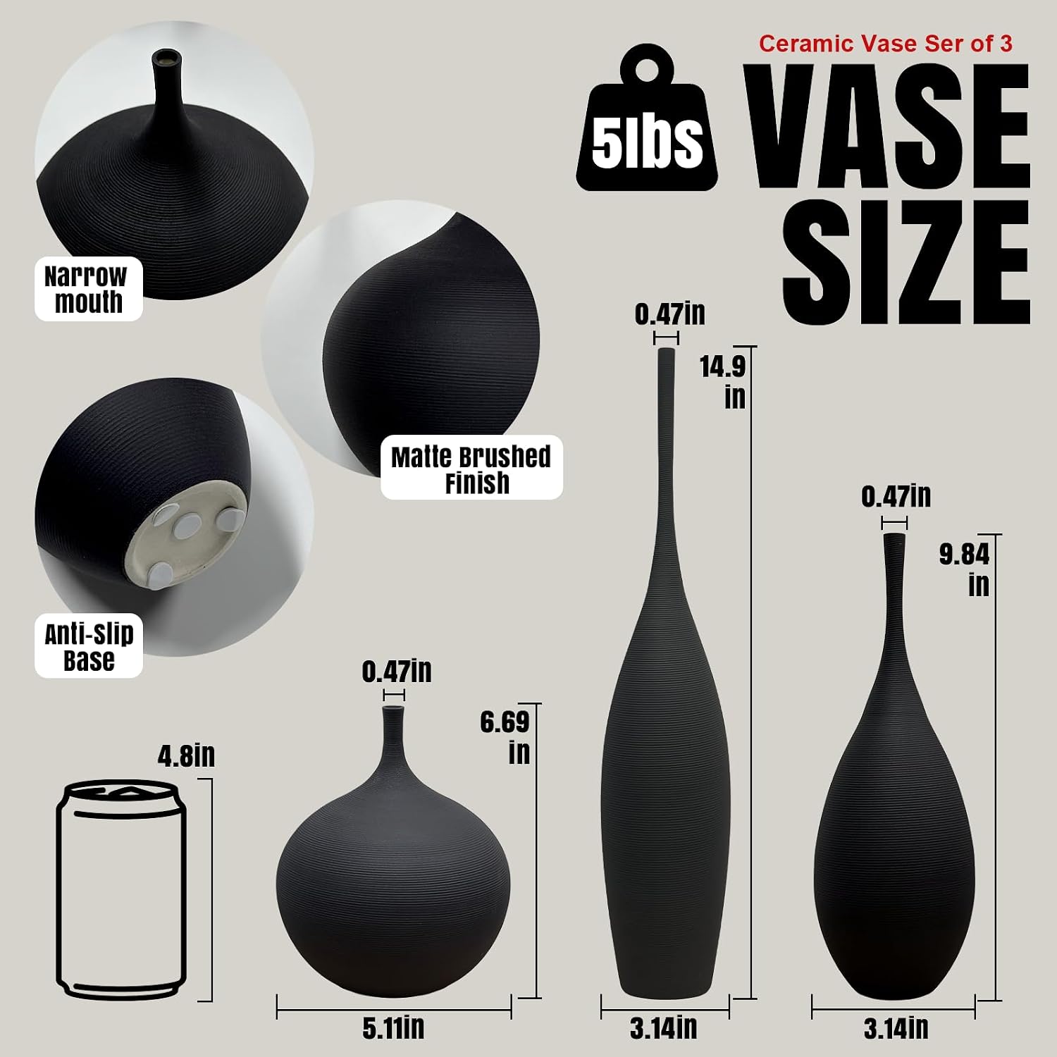 Ceramic Vases / Modern Boho Vases for Centerpiece Decor / Black / Set of 3