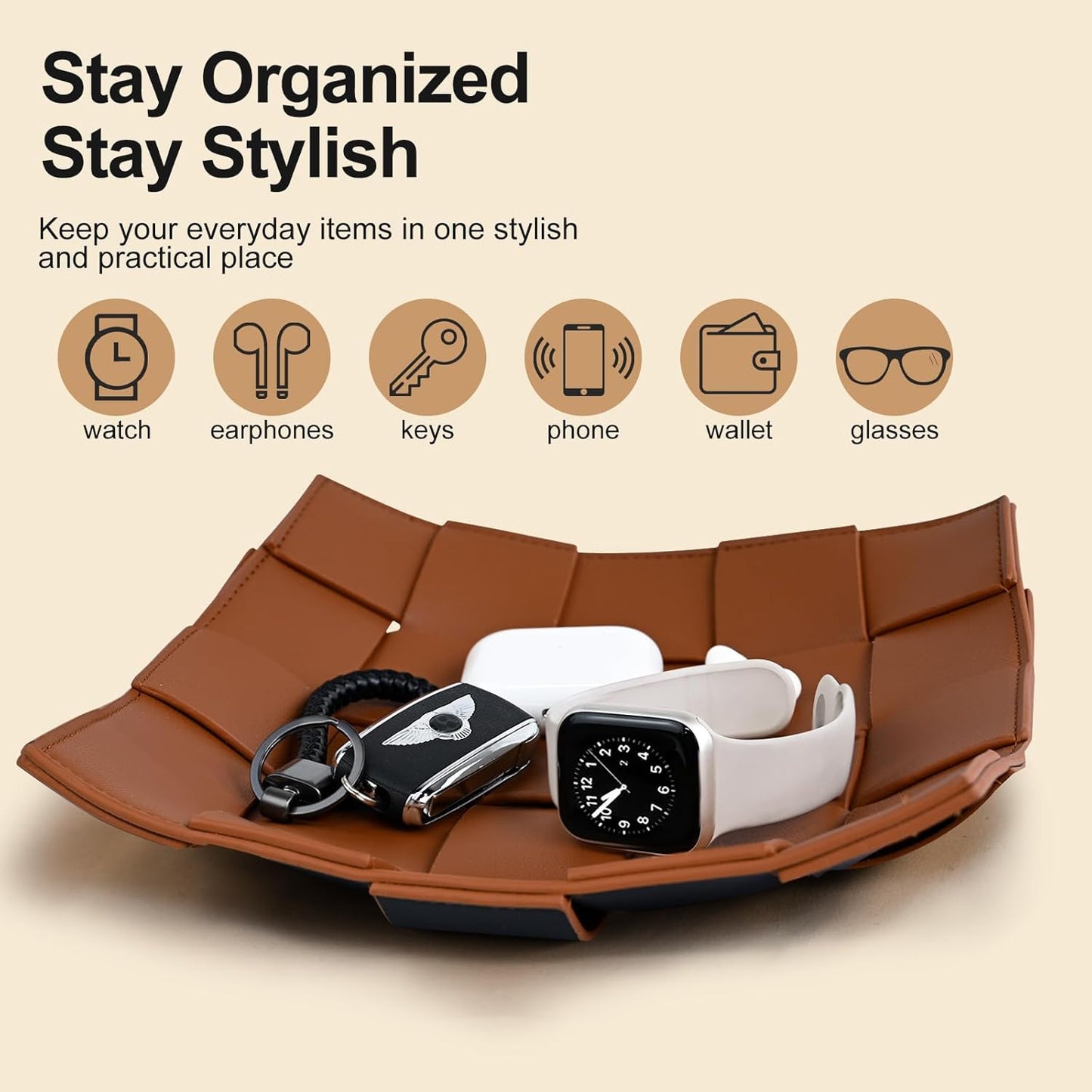Valet Tray PU Leather Key Holder Bowl for Men Entryway Table Nightstand Desk Tray / Brown + Black
