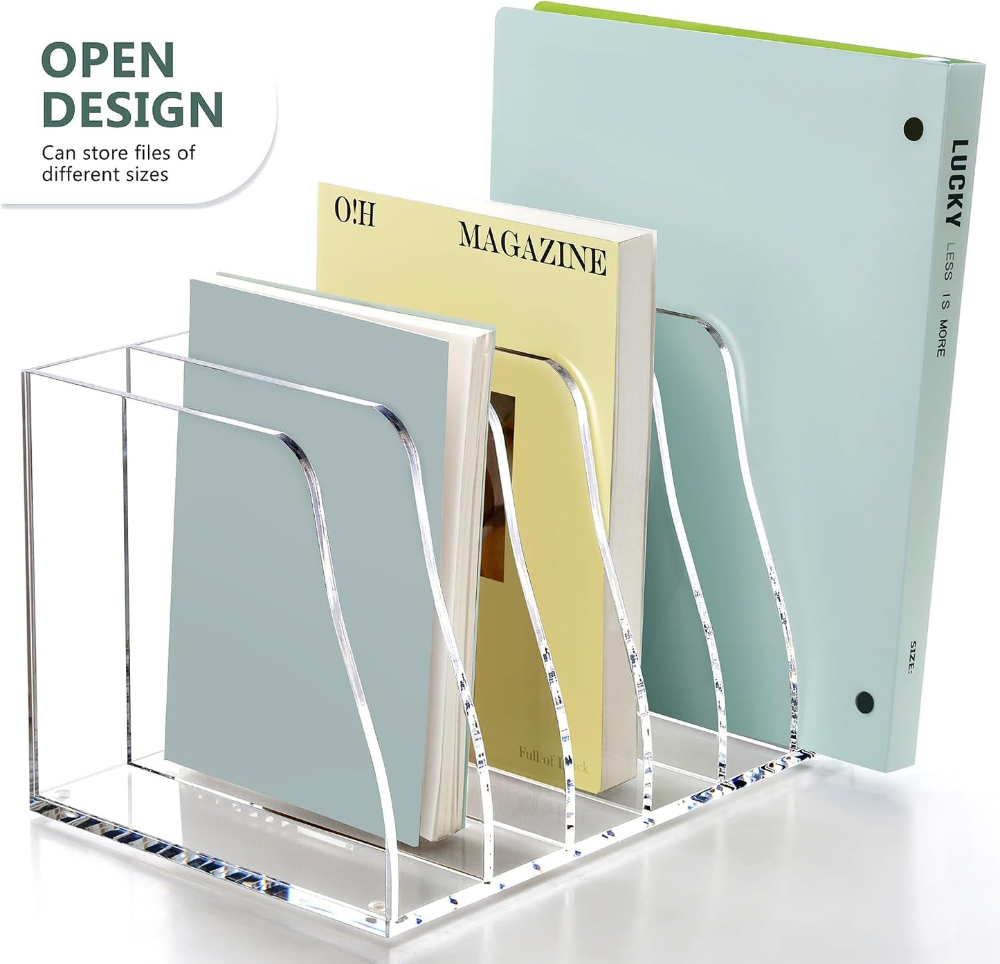 SANRUI Acrylic Magazine File Holder, 6 Vertical Compartments Desk Document Sorter Organizer, Clear Folder Rack Binder