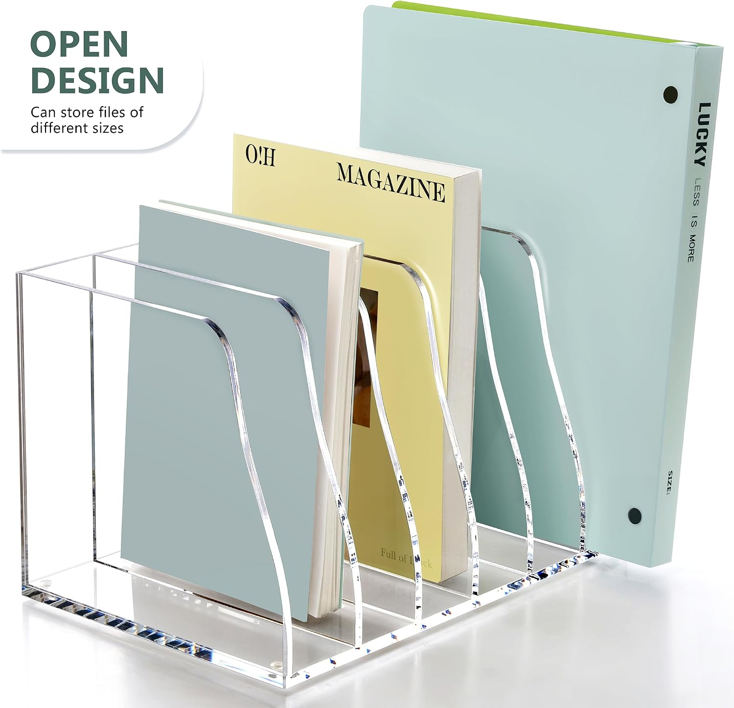 SANRUI Acrylic Magazine File Holder, 6 Vertical Compartments Desk Document Sorter Organizer, Clear Folder Rack Binder