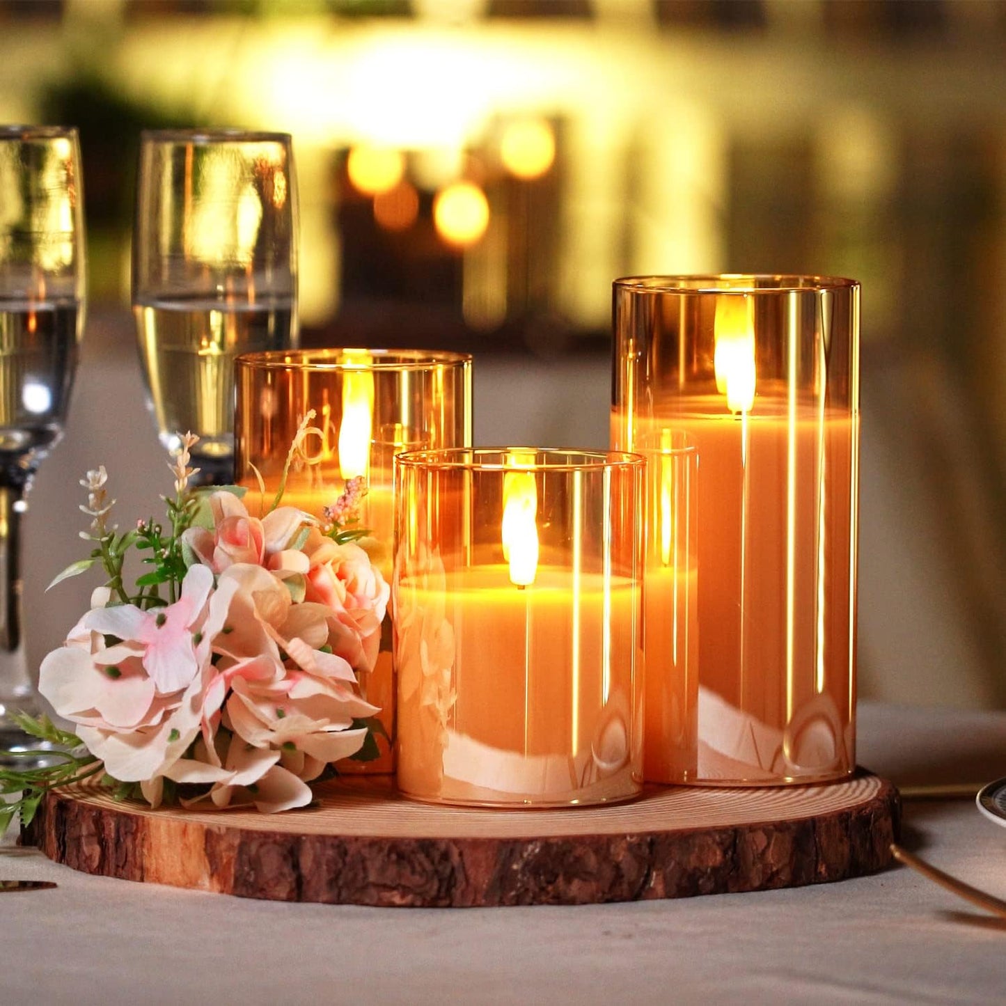 Homemory Amber Glass Flameless Candles, Real Wax, Remote Timer, 3 Pack | D3"xH4"5"6", battery operated flickering LED