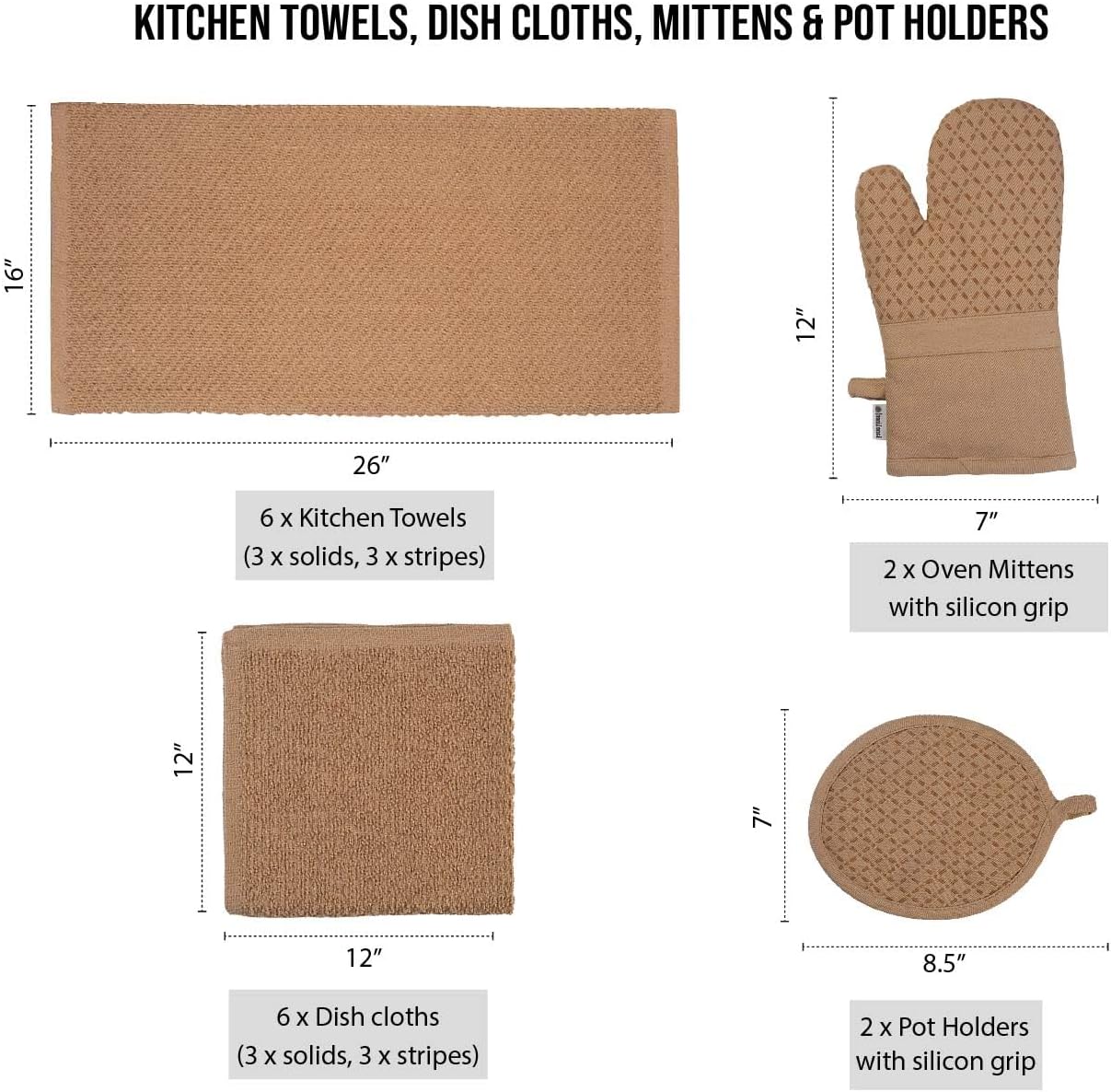 LANE LINEN 16 Piece Kitchen Dish Cloths Set - 100% Cotton Dish Towels, Heat Resistant Kitchen Mittens and Pot Holder
