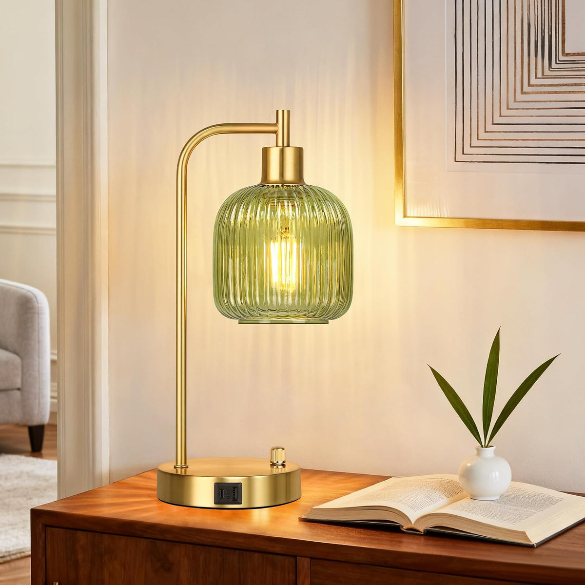QiMH Industrial Table Lamp for Bedroom Set of 2, Green Glass Beside Lamp with USB A&C Ports, Stepless Dimmable Gold