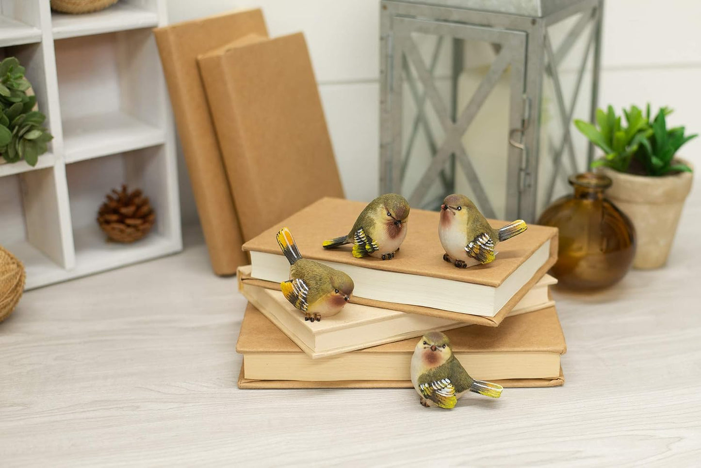 Striped Wing Bird Resin Decorative Tabletop Figurine / Sage Green / 2.5 x 2.25 / Set of 4