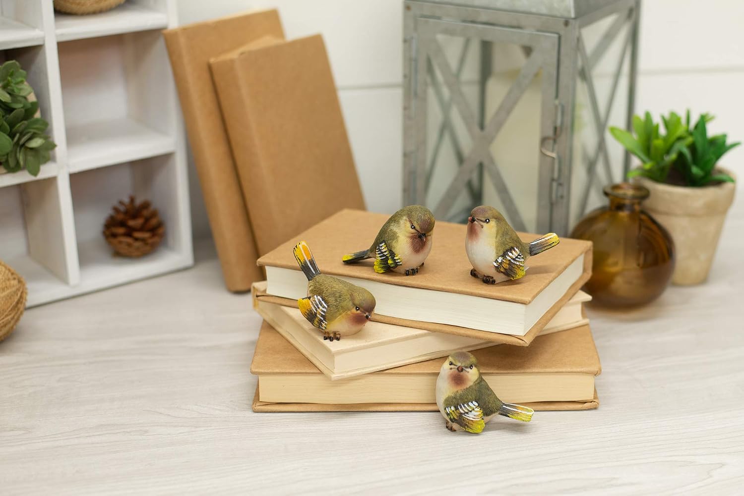 Striped Wing Bird Resin Decorative Tabletop Figurine / Sage Green / 2.5 x 2.25 / Set of 4