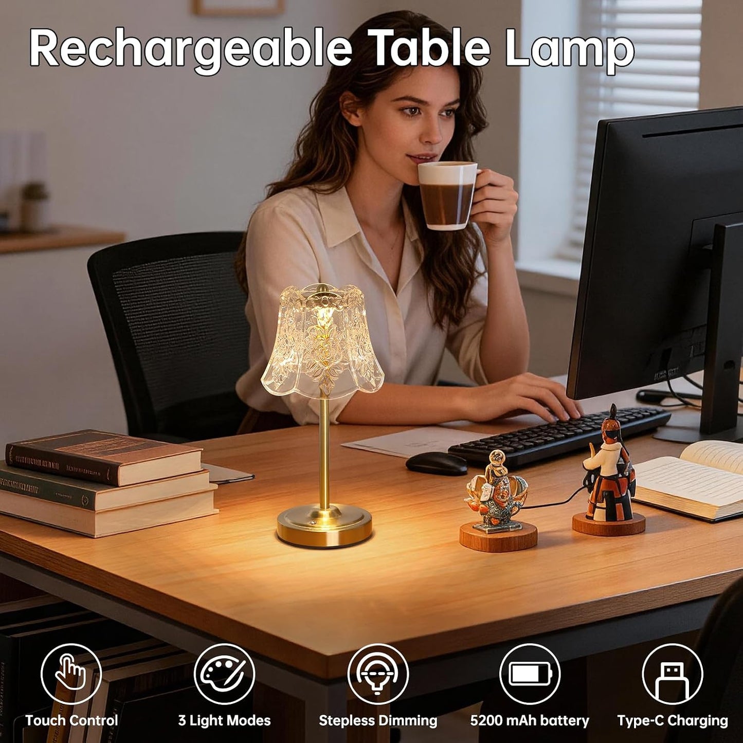 Shenmoyl Set of 2 Cordless Touch Table Lamp with 5200mAh Battery - 3 Adjustable Color Temperatures & Dimmable