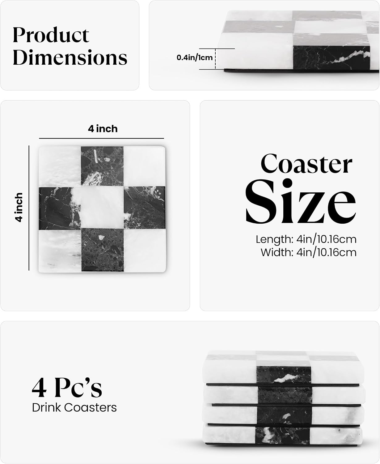 Drink Coasters for Living / Zebra Black and White / 4 Inch / Set of 4