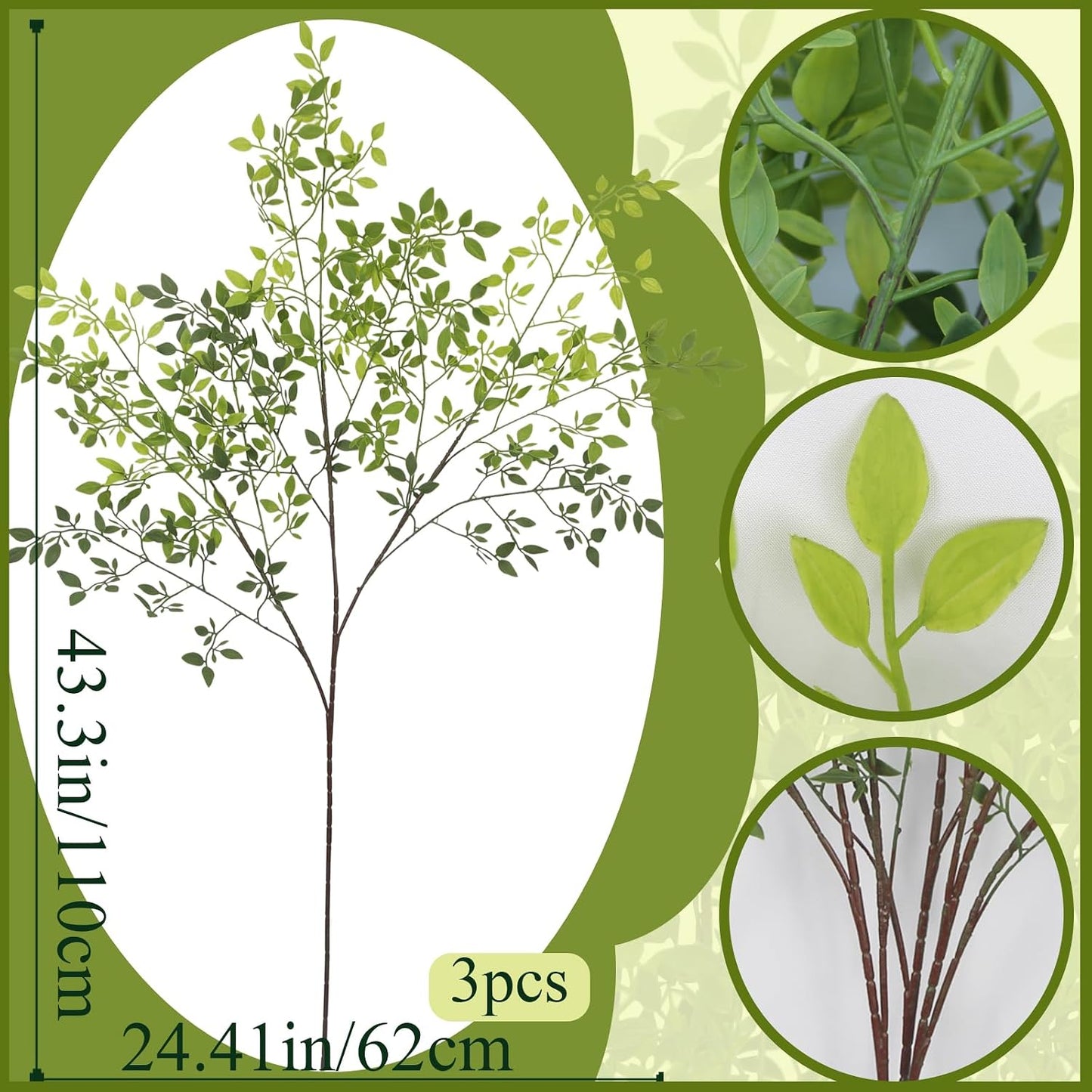 Faux Greenery Stems for Vase Artificial Branches / 43.3 Inch / Set of 3