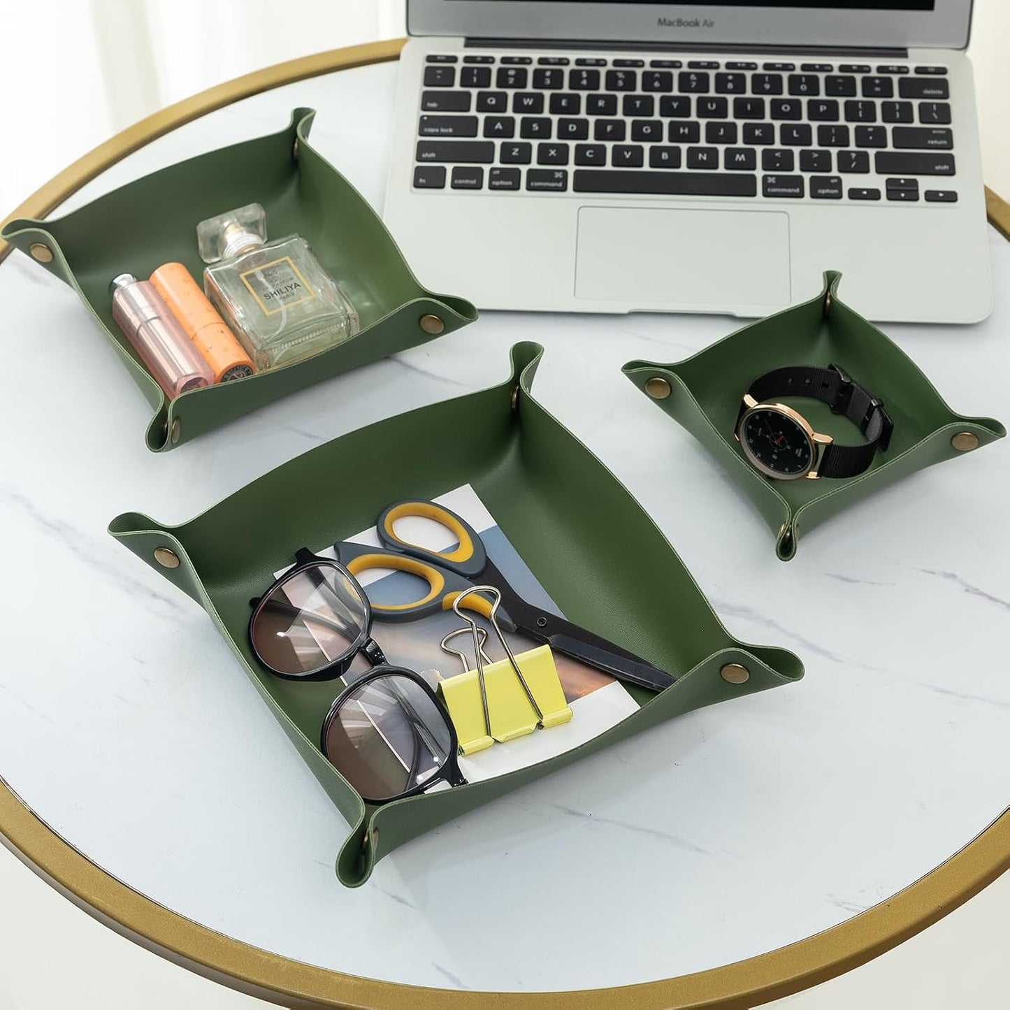 3 packs PU Leather Tray in 3 Sizes Jewelry Tray Glossy Leather Desk Organizer / Avocado Green