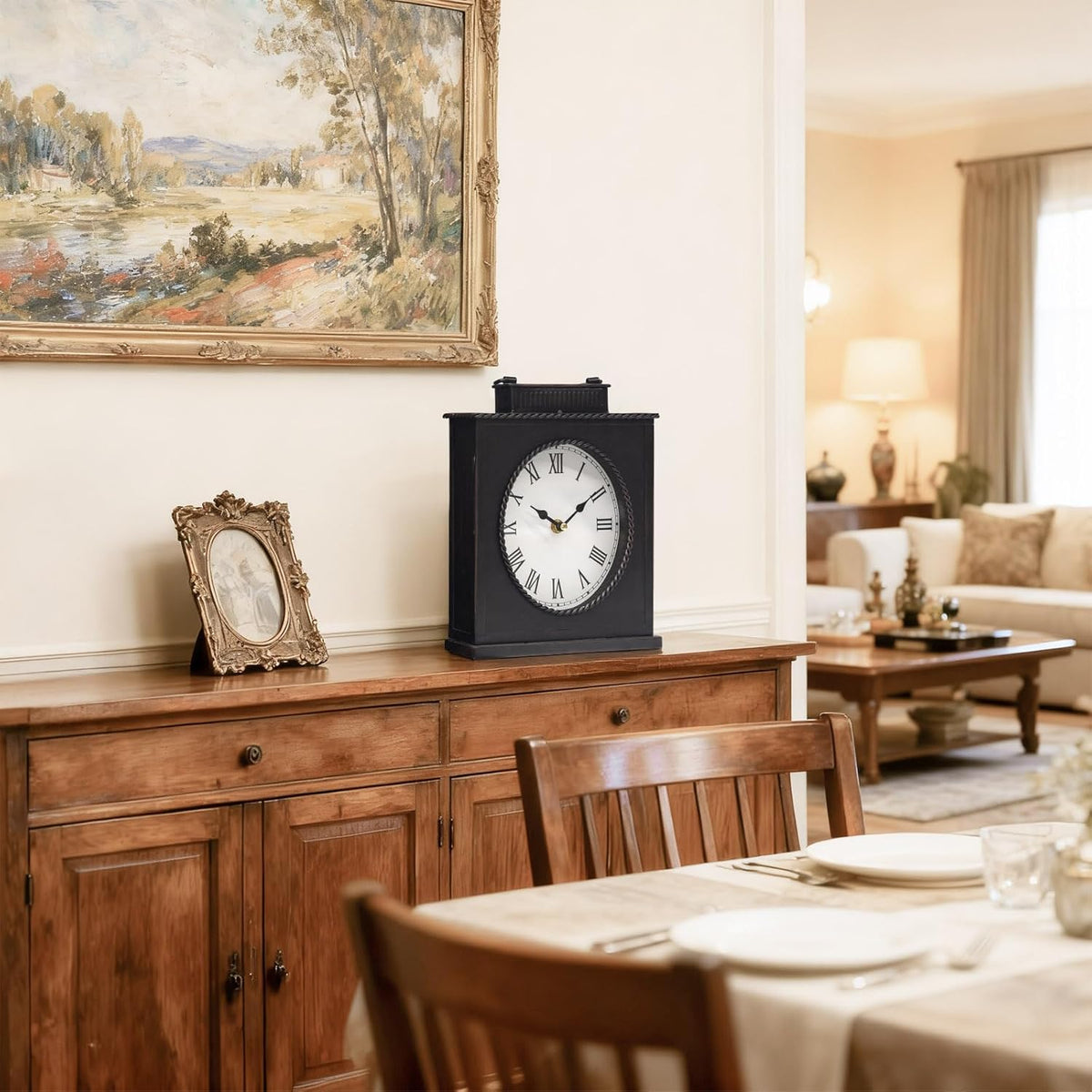 Vintage Mantel Clock, Large Rustic Distressed Metal Table Clock with Handle, Silent Non-Ticking Quartz Movement