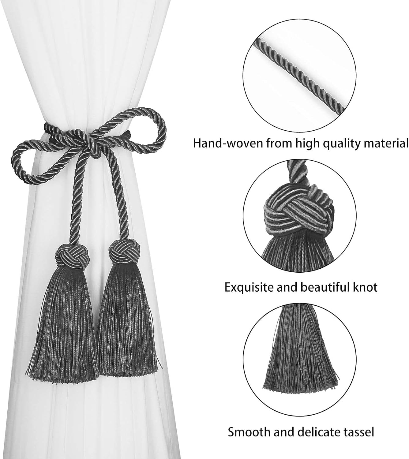 BEL AVENIR 6 Pack Handmade Rope Tassel Curtain Tiebacks | Decorative Curtain Holdbacks with Tassel (Charcoal, 6 Pack)