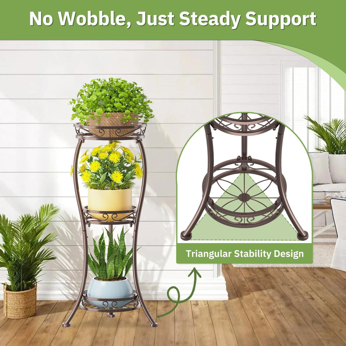 KMOTASUO Metal Plant Stand Tall for Indoor Outdoor Corner, 3 Tier Bronze | Heavy Duty Flower Holder Rack, Modern